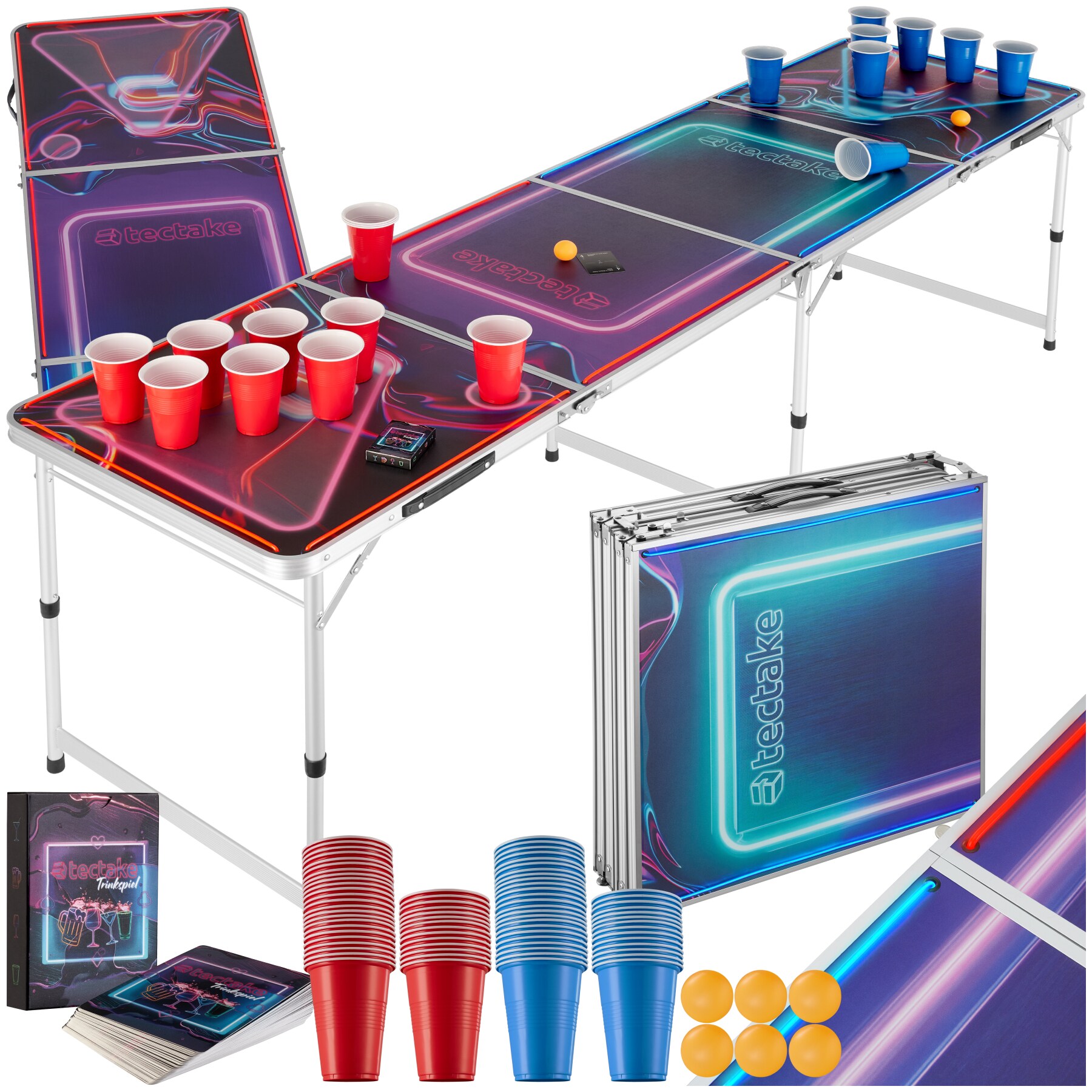tectake&reg; Bierpongtisch, aus Aluminium, mit LED-Beleuchtung, bodenschonende Kunststofff&uuml;&szlig;e, inklusive 100 Bechern, 6 B&auml;llen und Kartentrinkspiel 
