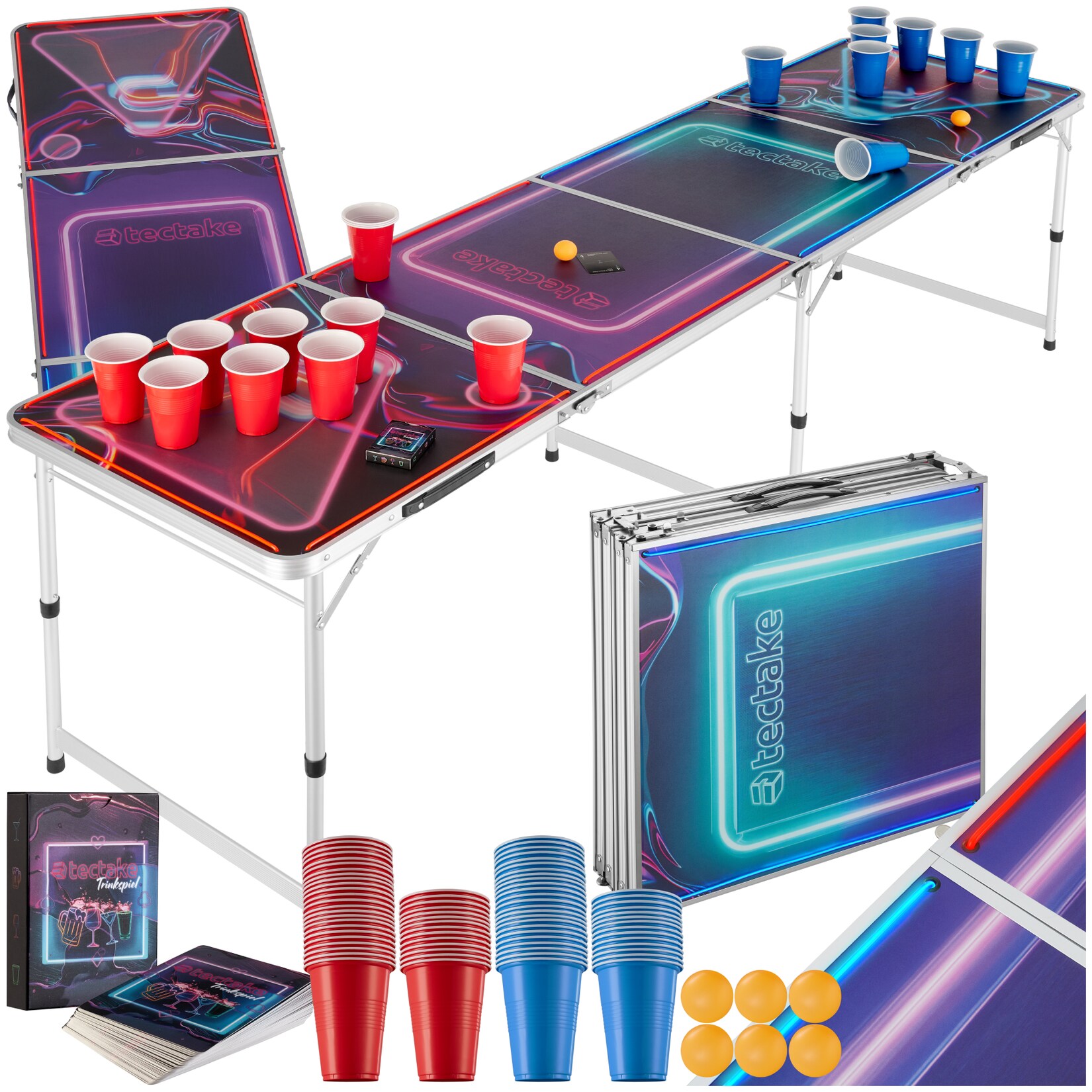 tectake® Bierpongtisch, aus Aluminium, mit LED-Beleuchtung, bodenschonende Kunststofffüße, inklusive 100 Bechern, 6 Bällen und Kartentrinkspiel