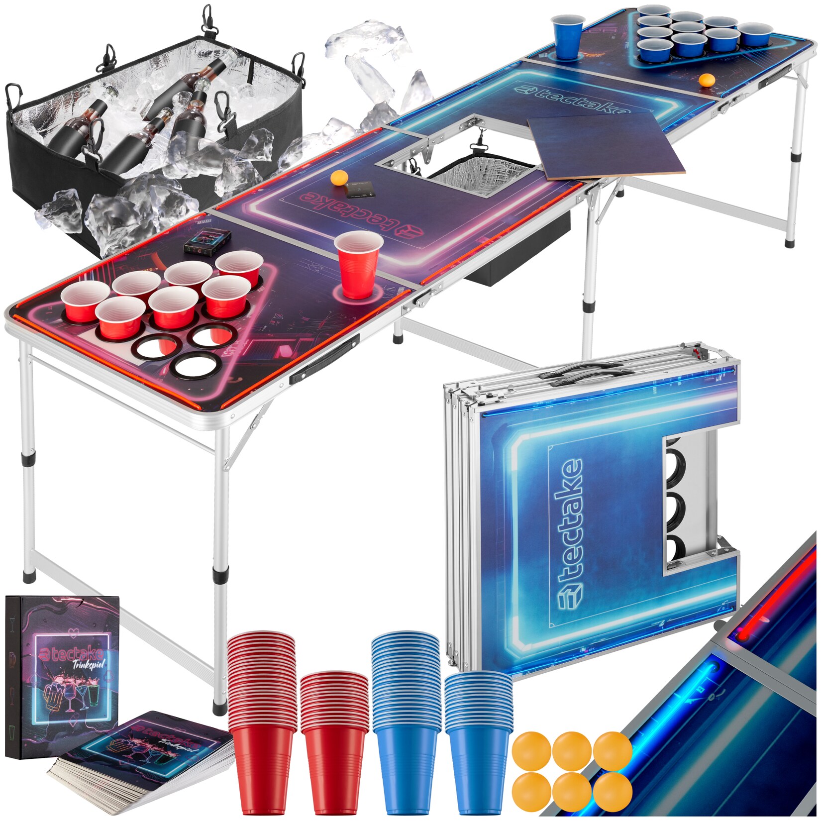 tectake® Bierpongtisch, aus Aluminium, mit Eisfach, Becherlöchern, LED-Beleuchtung, bodenschonende Kunststofffüße, inklusive 100 Bechern, 6 Bällen und Kartentrinkspiel