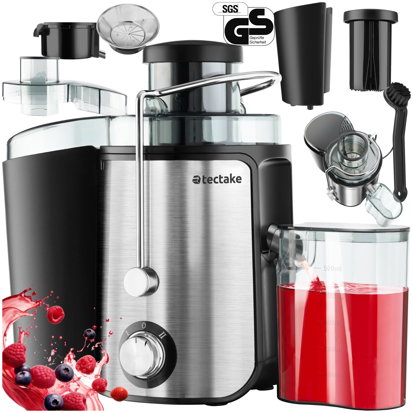 tectake® Entsafter, 600 W,  Fassungsvermögen, Edelstahlgehäuse, rutschfeste Gummifüße, 18 x 26 x 28,5, GS-Zertifikat