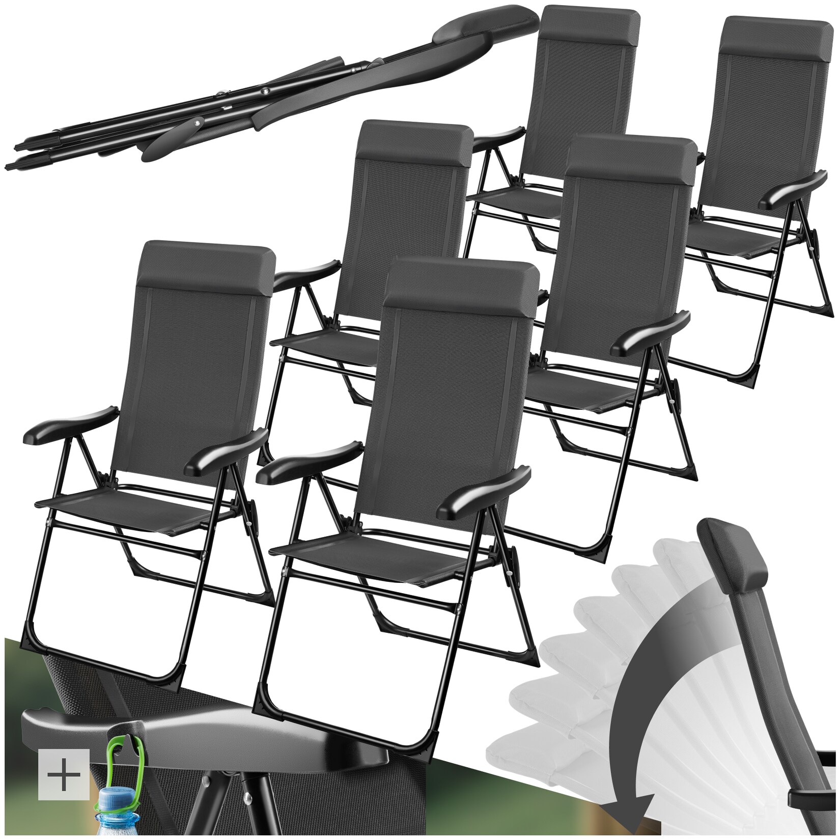 tectake® Campingstuhl, klappbar, 7-fach verstellbare Rückenlehne mit Kopfpolster, Belastbarkeit , 57 x 65 x 112 cm