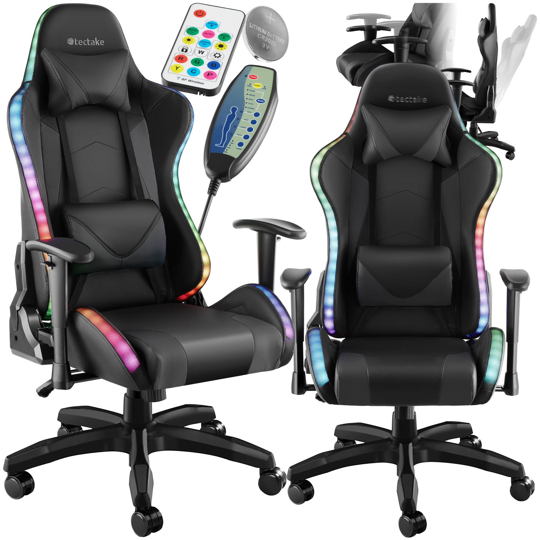 tectake&reg; Gamingstuhl, ergonomische Form, mit verstellbarer R&uuml;ckenlehne, Kunstlederbezug, abnehmbarer Nacken- und Lendenkissen, dicke Polsterung, Belastbarkeit 120 kg 