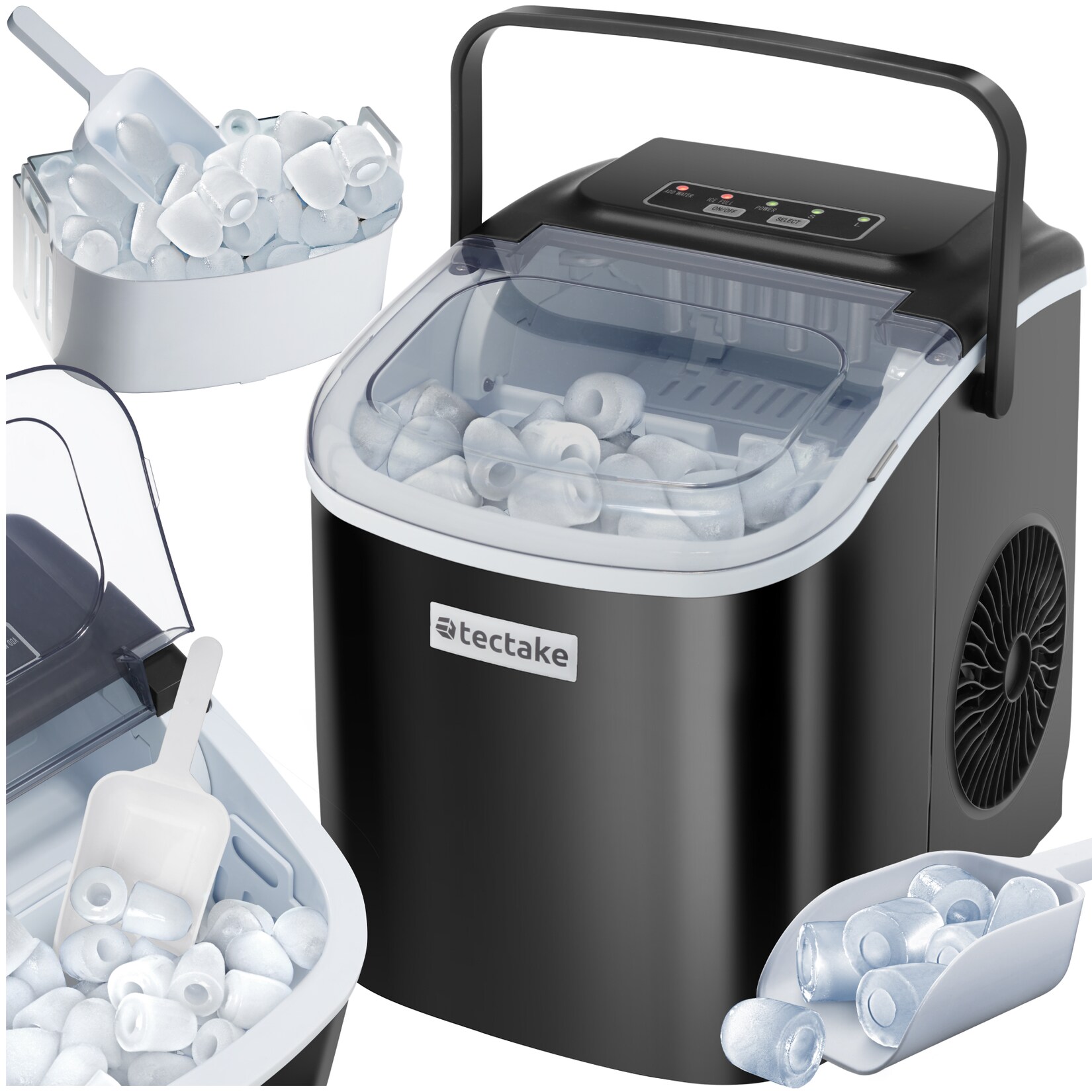 tectake® Eiswürfelmaschine,  Wassertank, 2 Eiswürfelgrößen, 2 Assistenzsysteme, mit Reinigungsprogramm, inklusive Eiskorb und Eisschaufel