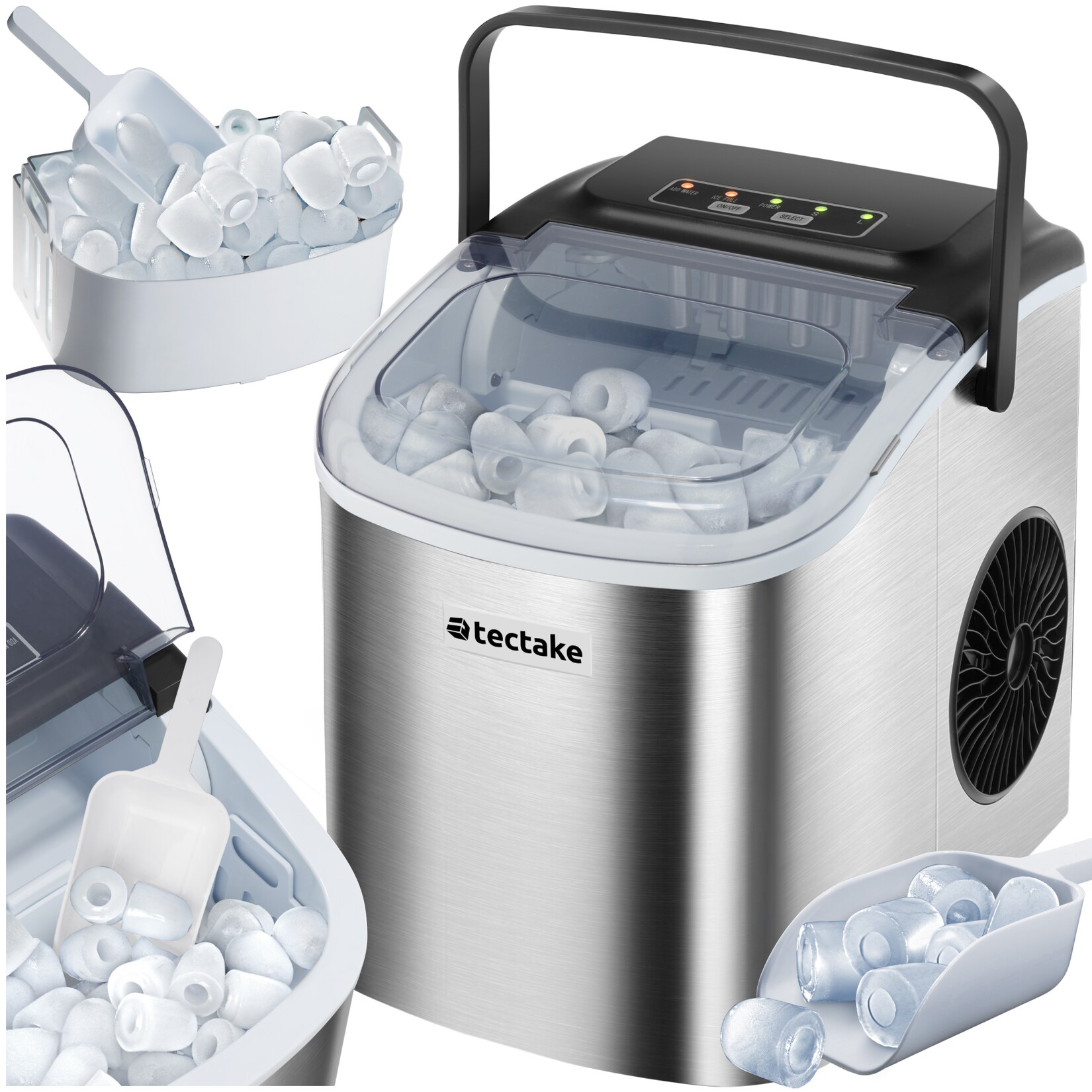 tectake® Eiswürfelmaschine,  Wassertank, 2 Eiswürfelgrößen, 2 Assistenzsysteme, mit Reinigungsprogramm, inklusive Eiskorb und Eisschaufel