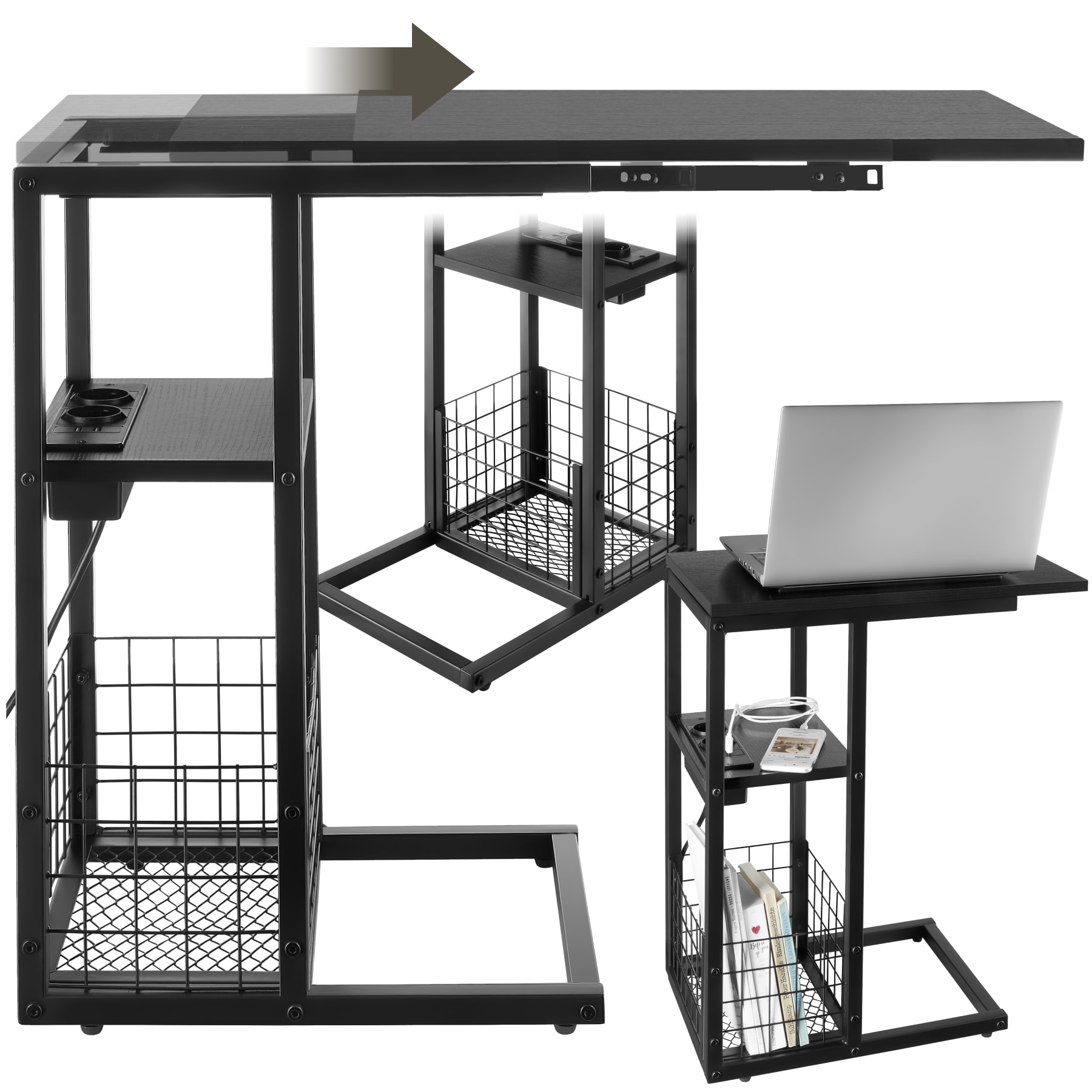 tectake&reg; Laptop-Beistelltisch, integrierte Ladestation mit USB- und AC-Anschluss, verschiebbare Tischplatte, in praktischer C-Form, 2 zus&auml;tzliche Ablagen, 50 - 73 x 30 x 61,5 cm 