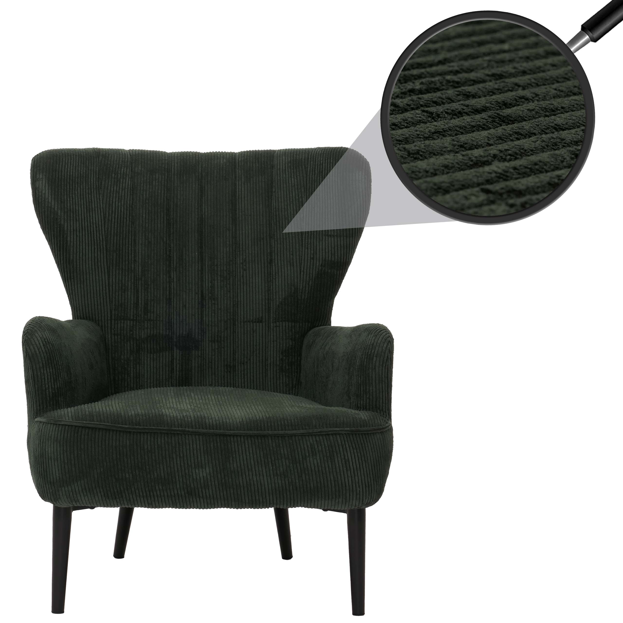 Lounge-Sessel MCW-K37, Cocktail-/Ohrensessel Polsterstuhl Retro Vintage Stoff Cord (290g/m&sup2;) &Ouml;ko-Tex ~ dunkelgr&uuml;n 