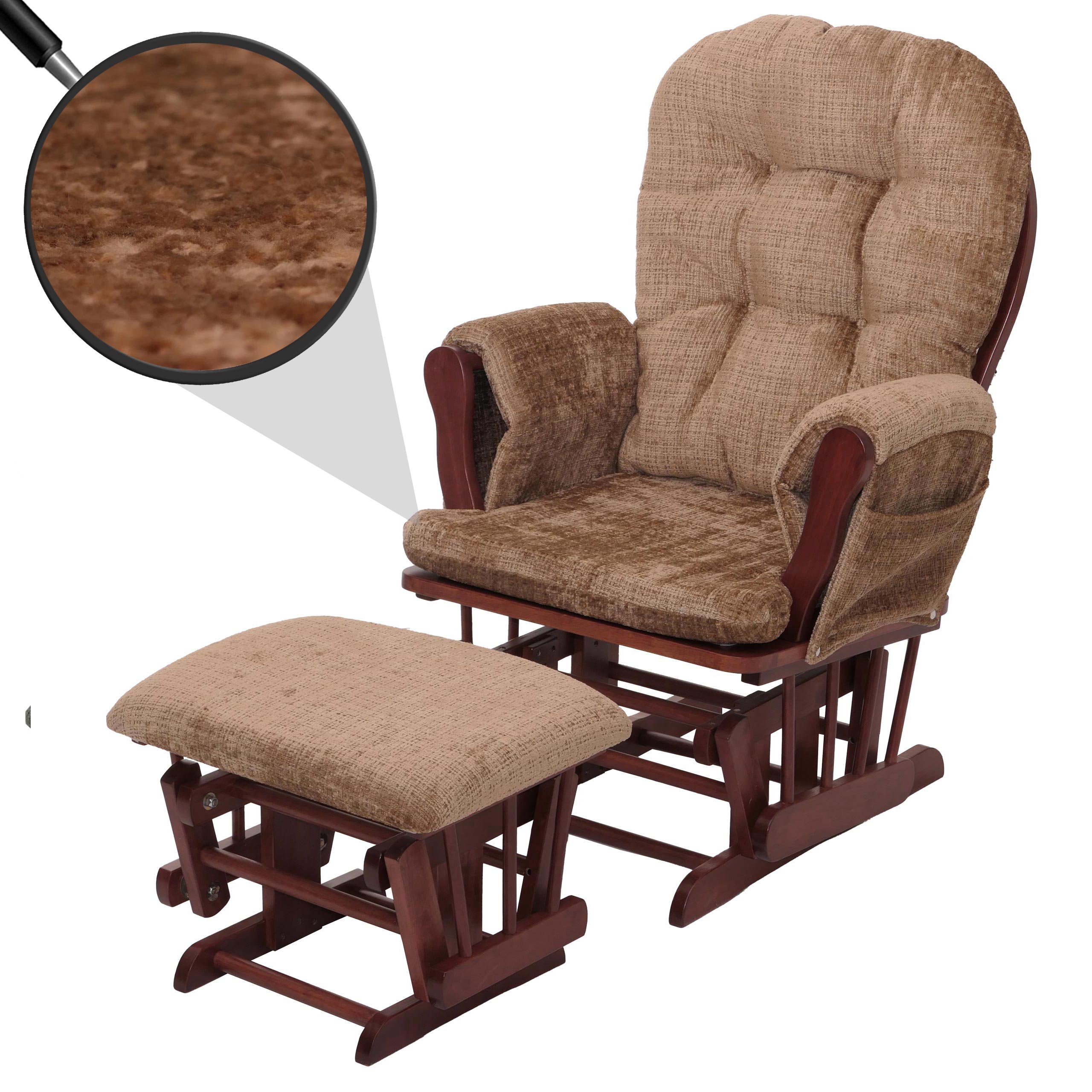 Relaxsessel MCW-C76, Schaukelstuhl Schwingstuhl mit Hocker Stoff Chenille (465g/m&sup2;) &Ouml;ko-Tex ~ hellbraun, Gestell dunkel 