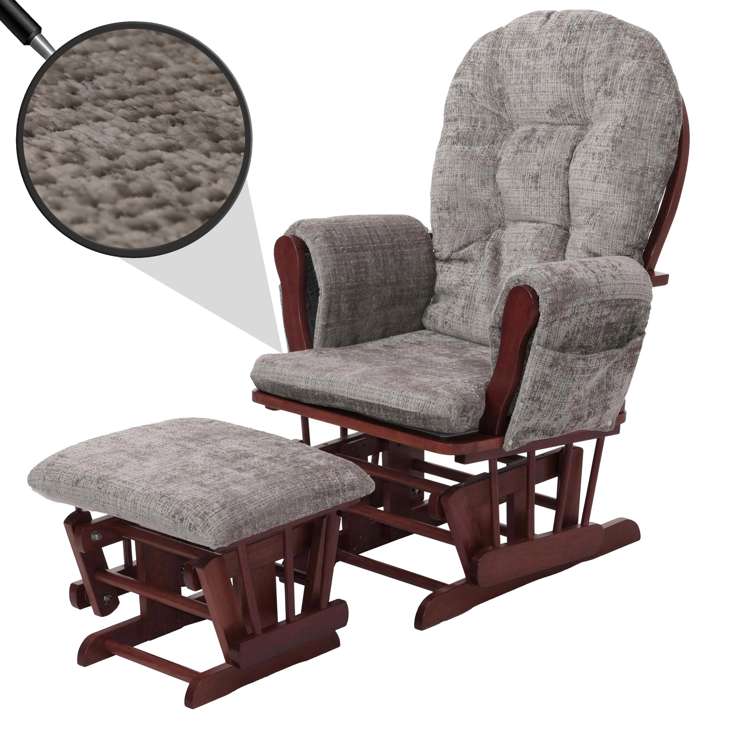 Relaxsessel MCW-C76, Schaukelstuhl Schwingstuhl mit Hocker Stoff Chenille (465g/m&sup2;) ~ hellgrau, Gestell dunkel 