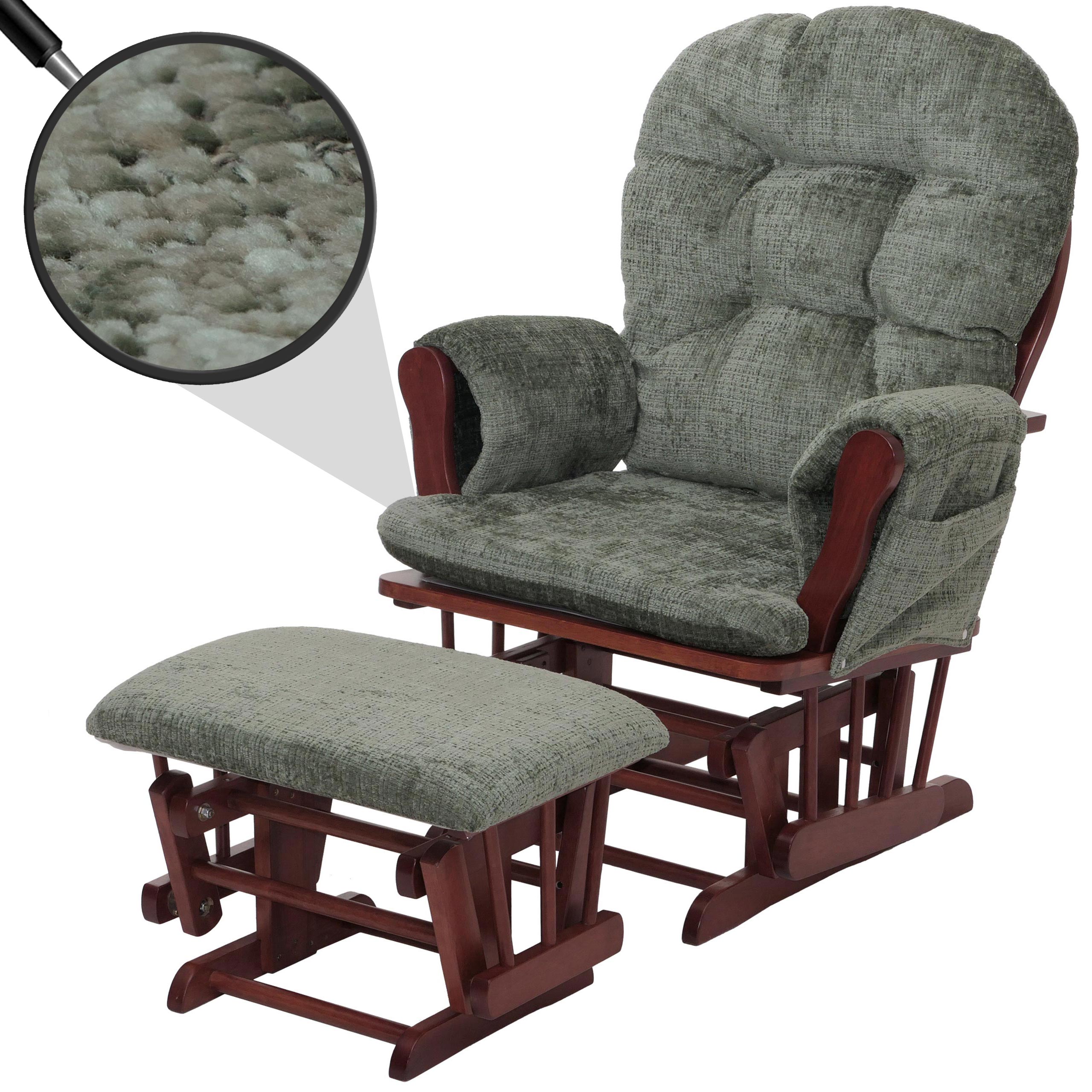 Relaxsessel MCW-C76, Schaukelstuhl Schwingstuhl mit Hocker Stoff Chenille (465g/m&sup2;) &Ouml;ko-Tex ~ gr&uuml;n, Gestell dunkel 