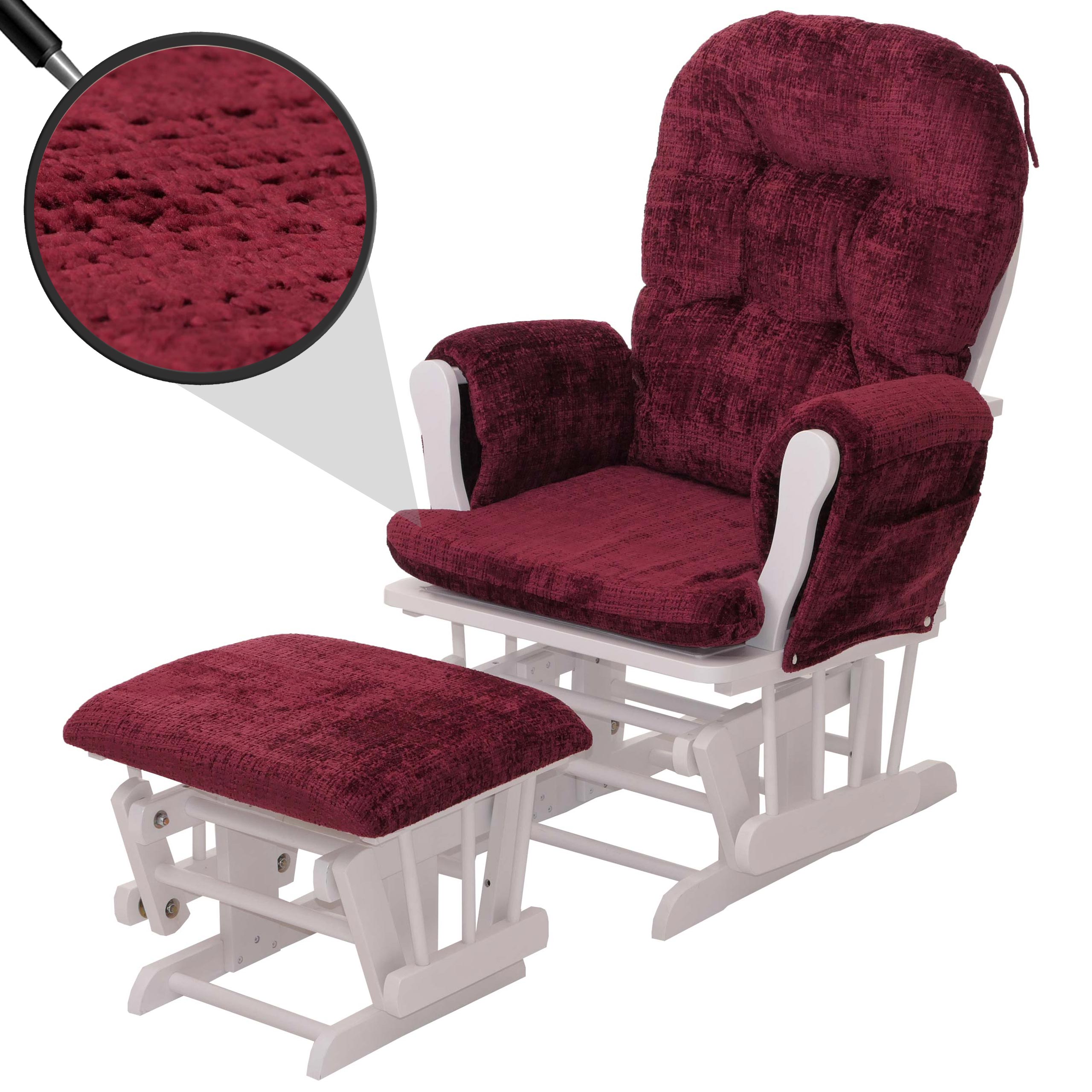 Relaxsessel MCW-C76, Schaukelstuhl Schwingstuhl mit Hocker Stoff Chenille (465g/m&sup2;) &Ouml;ko-Tex ~ bordeaux, Gestell wei&szlig; 