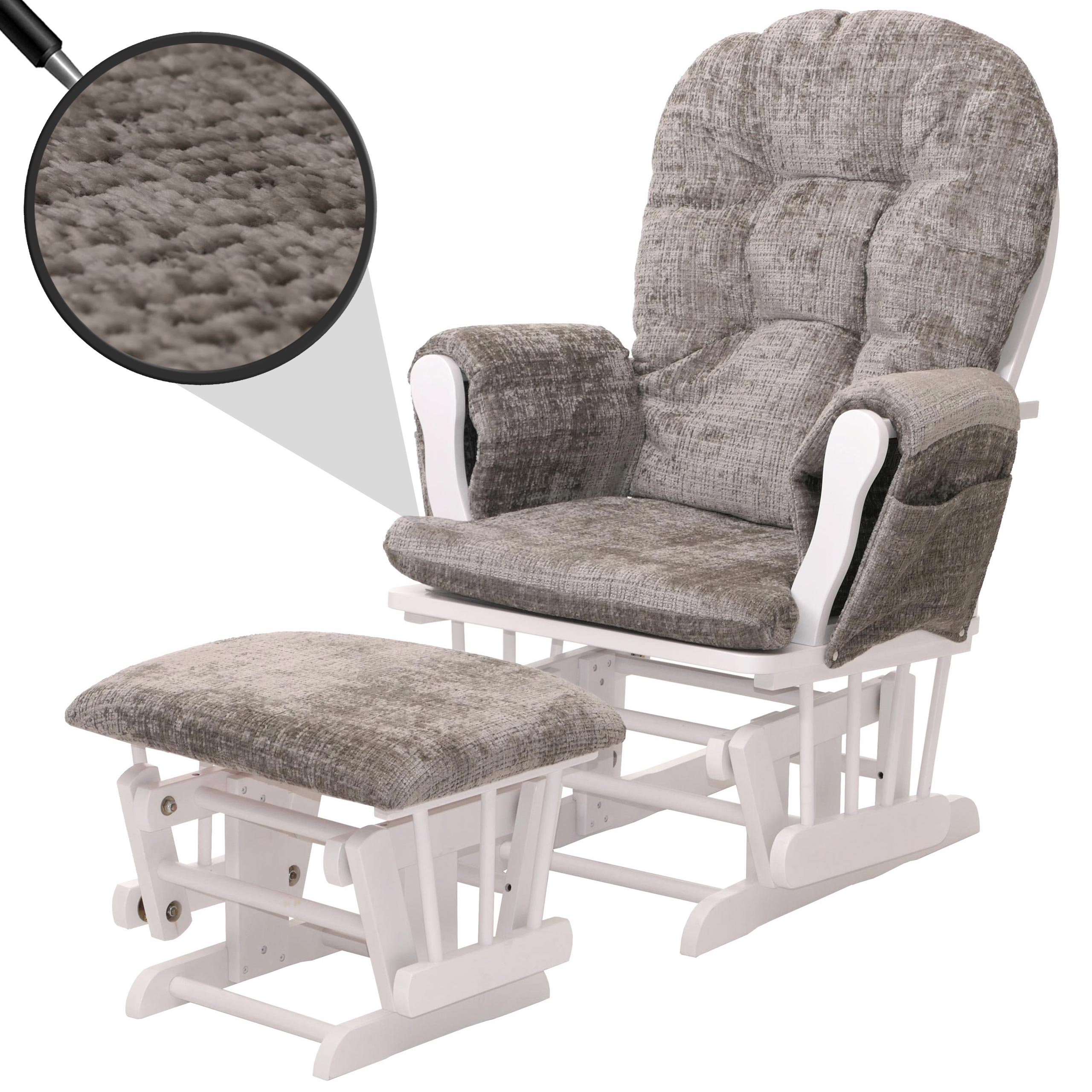 Relaxsessel MCW-C76, Schaukelstuhl Schwingstuhl mit Hocker Stoff Chenille (465g/m&sup2;) &Ouml;ko-Tex ~ hellgrau, Gestell wei&szlig; 