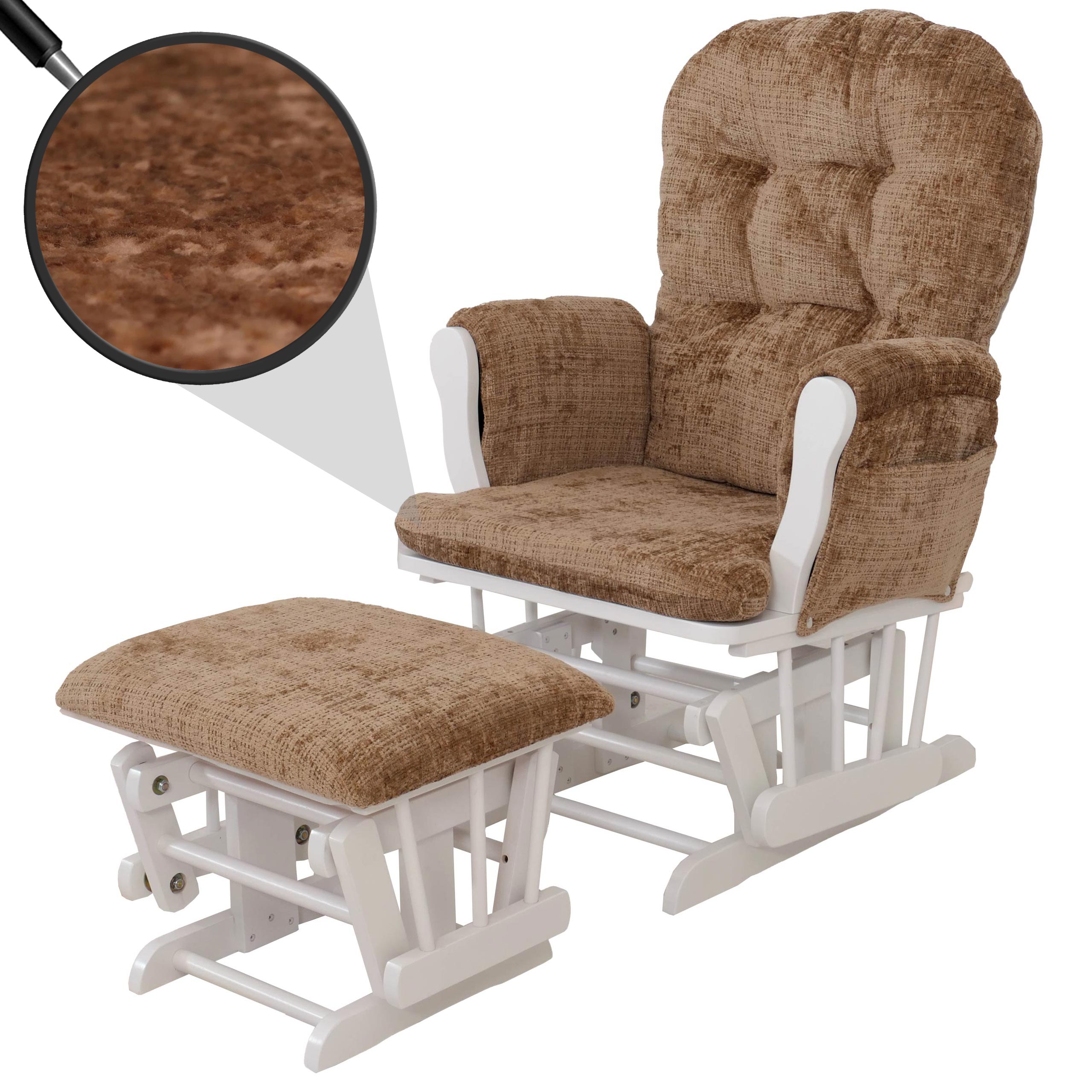 Relaxsessel MCW-C76, Schaukelstuhl Schwingstuhl mit Hocker Stoff Chenille (465g/m&sup2;) &Ouml;ko-Tex ~ hellbraun, Gestell wei&szlig; 