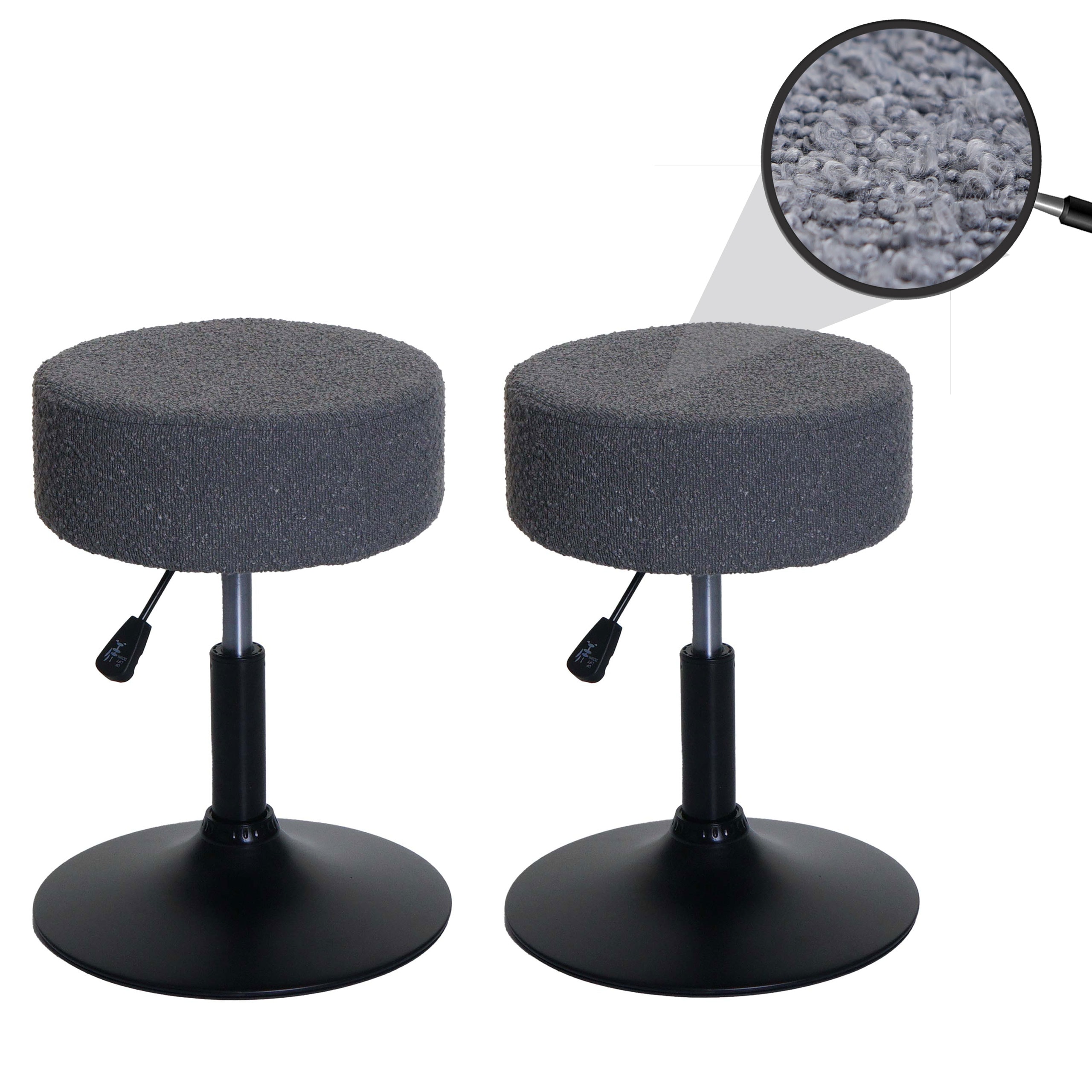 2er-Set Hocker MCW-C22, Sitzhocker Schminkhocker, h&ouml;henverstellbar drehbar &Oslash; 37cm Stoff Boucl&eacute; 450g/m&sup2; MVG ~ dunkelgrau 
