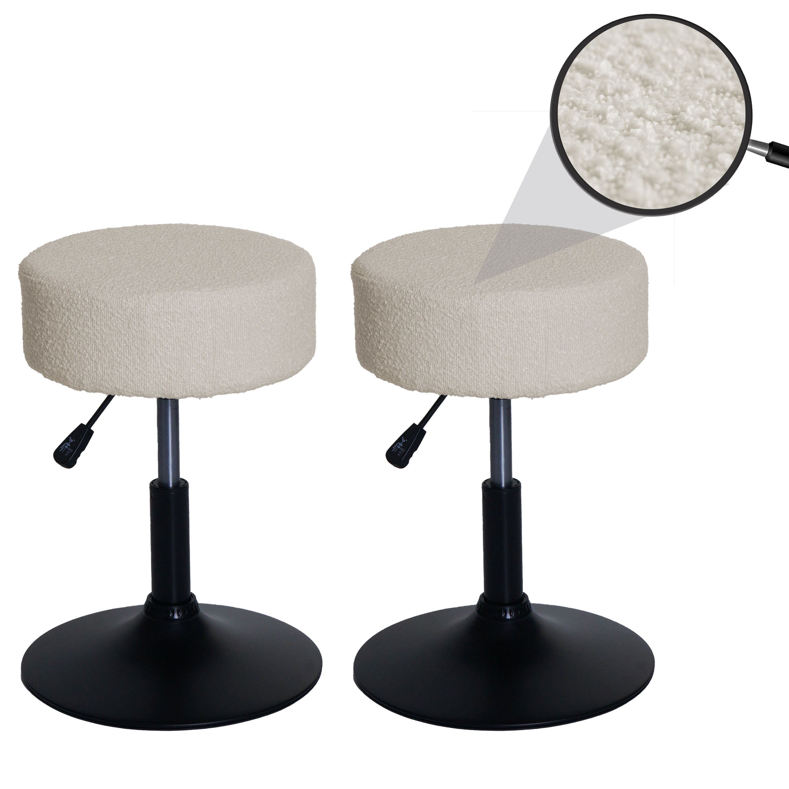 2er-Set Hocker MCW-C22, Sitzhocker Schminkhocker, h&ouml;henverstellbar drehbar &Oslash; 37cm Stoff Boucl&eacute; 450g/m&sup2; MVG ~ creme-wei&szlig; 