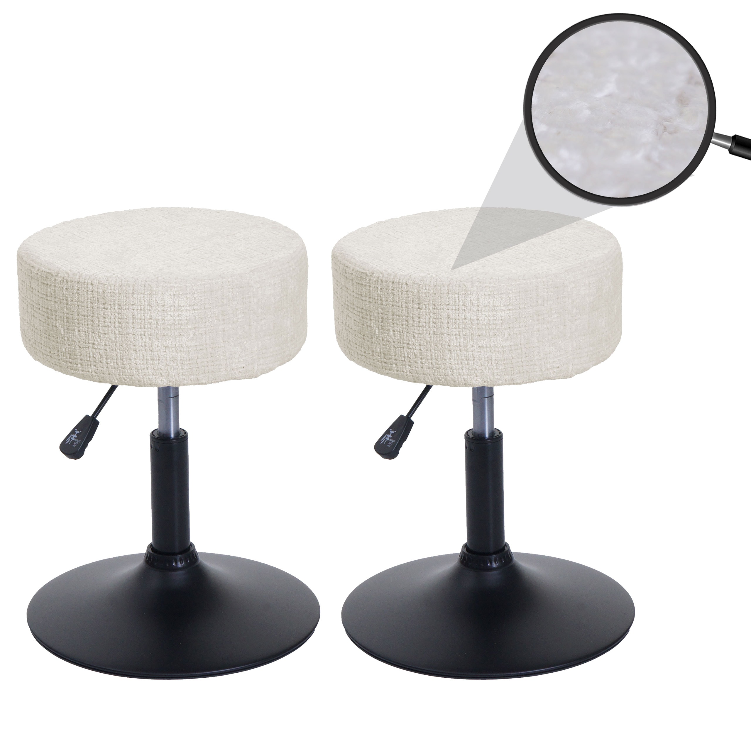 2er-Set Hocker MCW-C22, Sitzhocker, h&ouml;henverstellbar drehbar &Oslash; 37cm Stoff Chenille (465g/m&sup2;) MVG ~ creme-wei&szlig; 