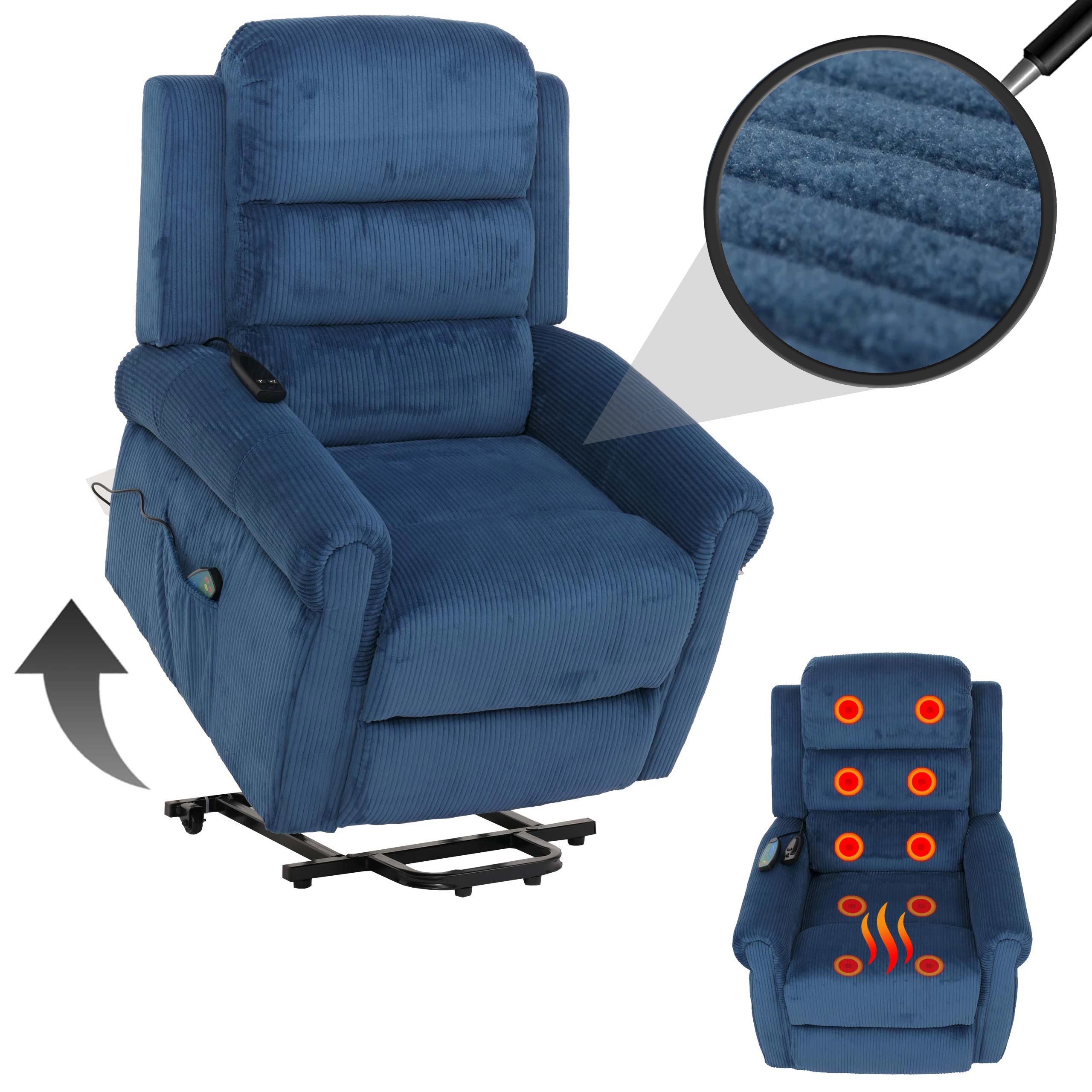 Fernsehsessel MCW-K63, Relaxsessel, Liegefunktion Aufstehhilfe Massage Heizfunktion, Stoff (220g/m&sup2;) Cord ~ blau 
