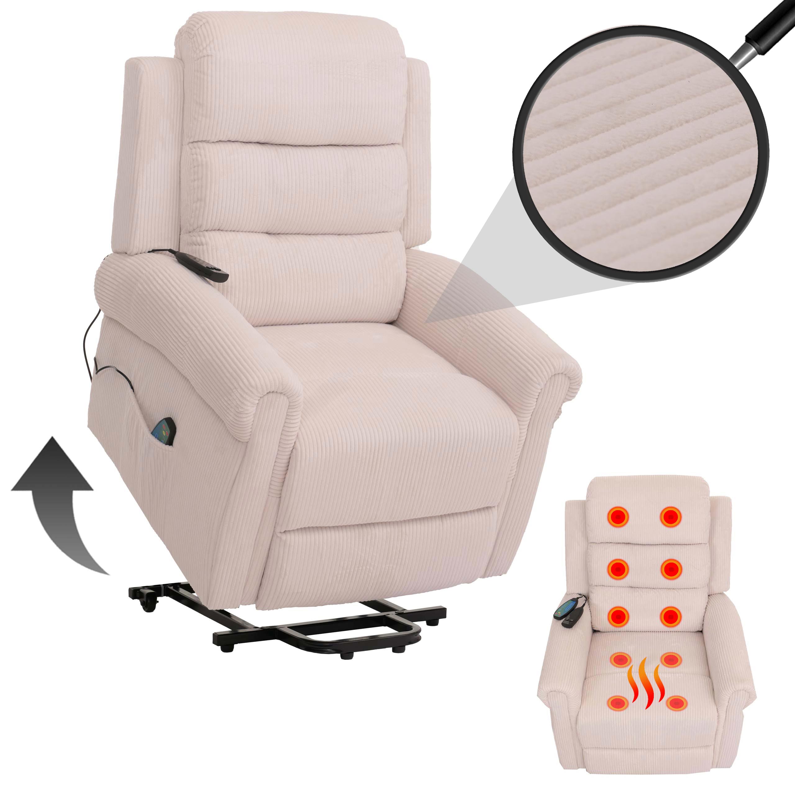 Fernsehsessel MCW-K63, Relaxsessel, Liegefunktion Aufstehhilfe Massage Heizfunktion, Stoff (220g/m&sup2;) Cord ~ creme-wei&szlig; 