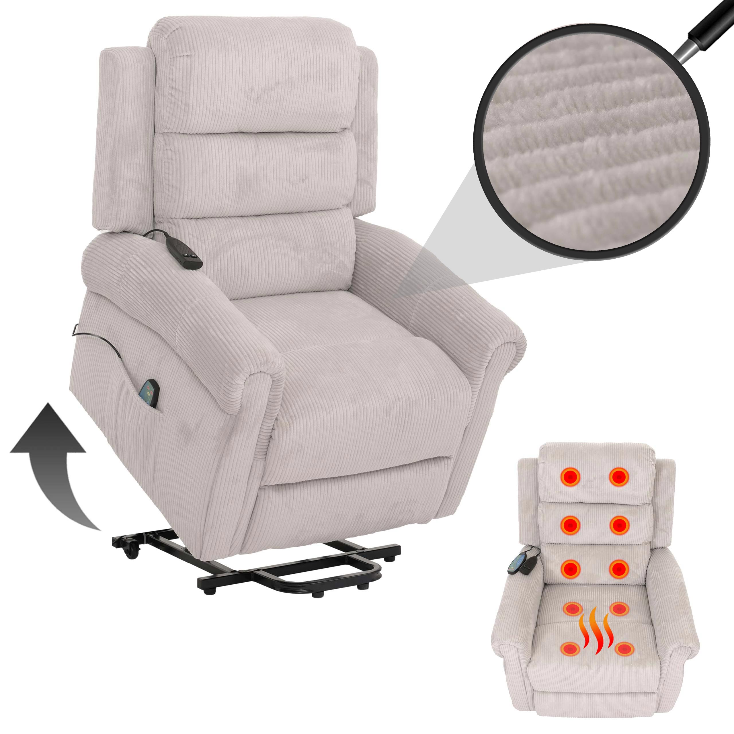 Fernsehsessel MCW-K63, Relaxsessel, Liegefunktion Aufstehhilfe Massage Heizfunktion, Stoff (220g/m&sup2;) Cord ~ hellgrau 