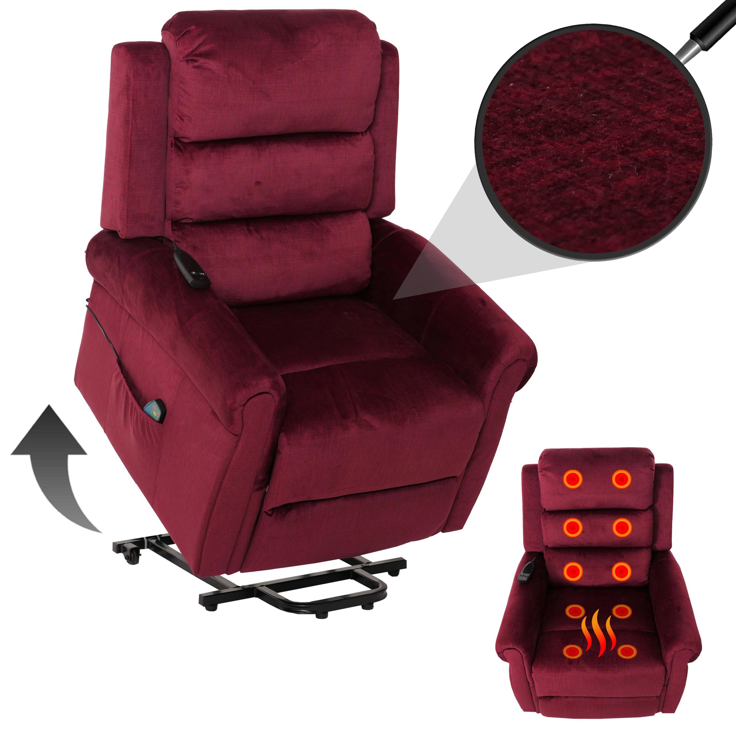 Fernsehsessel MCW-K63, Relaxsessel, Liegefunktion Aufstehhilfe Massage Heizfunktion, Stoff 220g/m&sup2; Chenille ~ bordeaux 