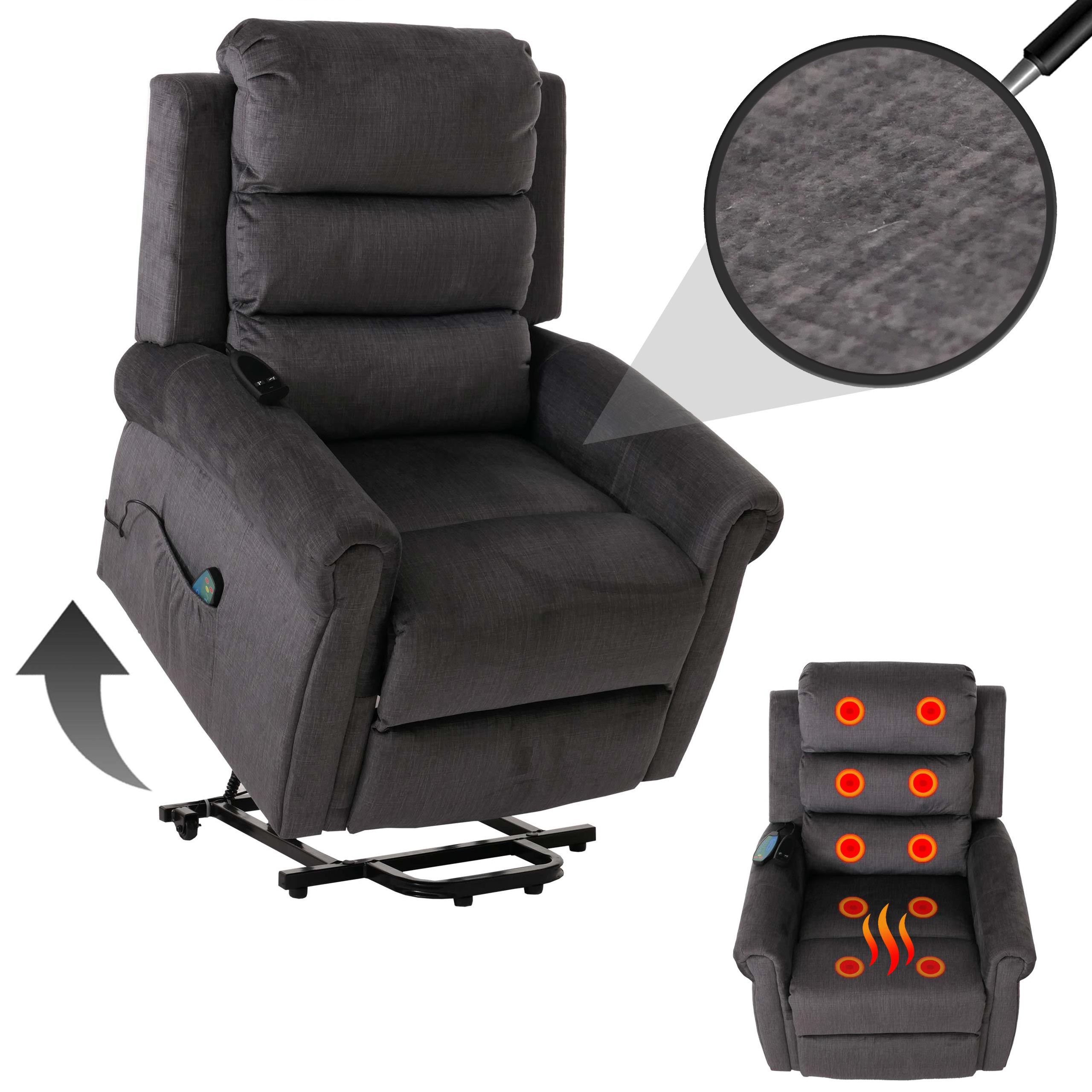Fernsehsessel MCW-K63, Relaxsessel, Liegefunktion Aufstehhilfe Massage Heizfunktion, Stoff 220g/m&sup2; Chenille ~ dunkelgrau 