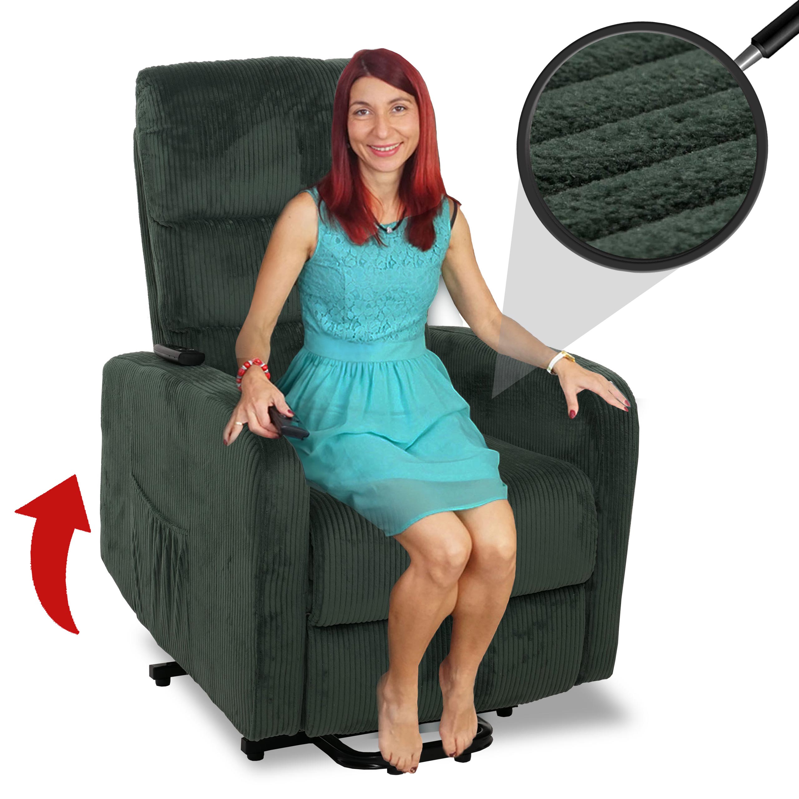 Fernsehsessel MCW-K62, Relaxsessel TV-Sessel Liege, Liegefunktion Aufstehhilfe, Metall Stoff/Textil Cord ~ gr&uuml;n 