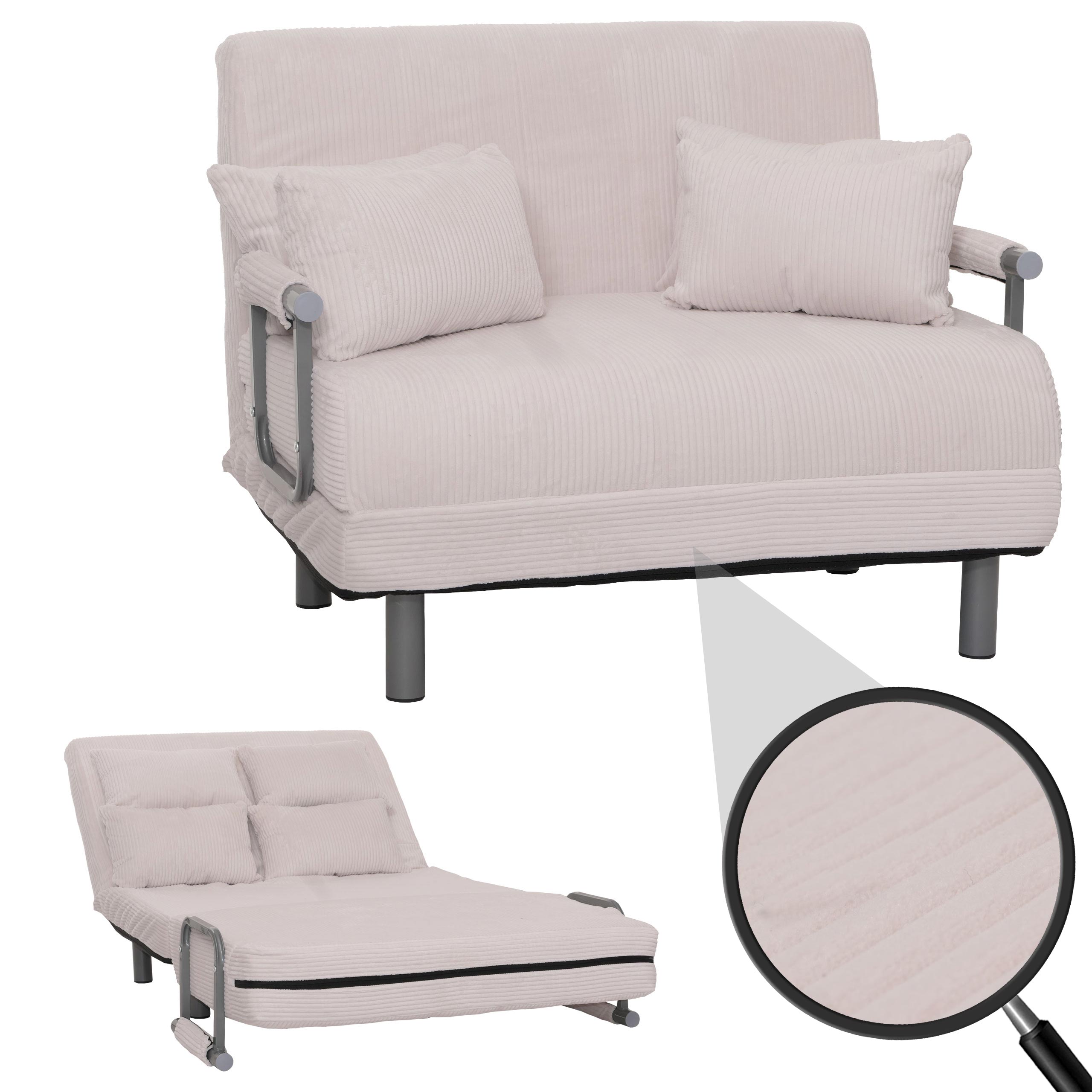 Schlafsessel MCW-K29, Klappsessel Schlafsofa G&auml;stebett, Liegefl&auml;che 190x100cm, Stoff Cord (330g/m&sup2;) ~ creme-wei&szlig; 