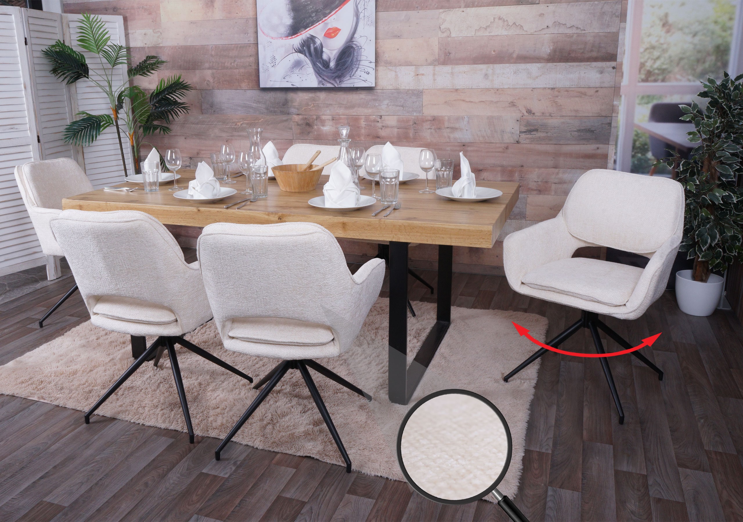 6er-Set Esszimmerstuhl MCW-N74, K&uuml;chenstuhl, drehbar Auto-Return, Stoff Chenille (490g/m&sup2;) &Ouml;ko-Tex ~ creme 