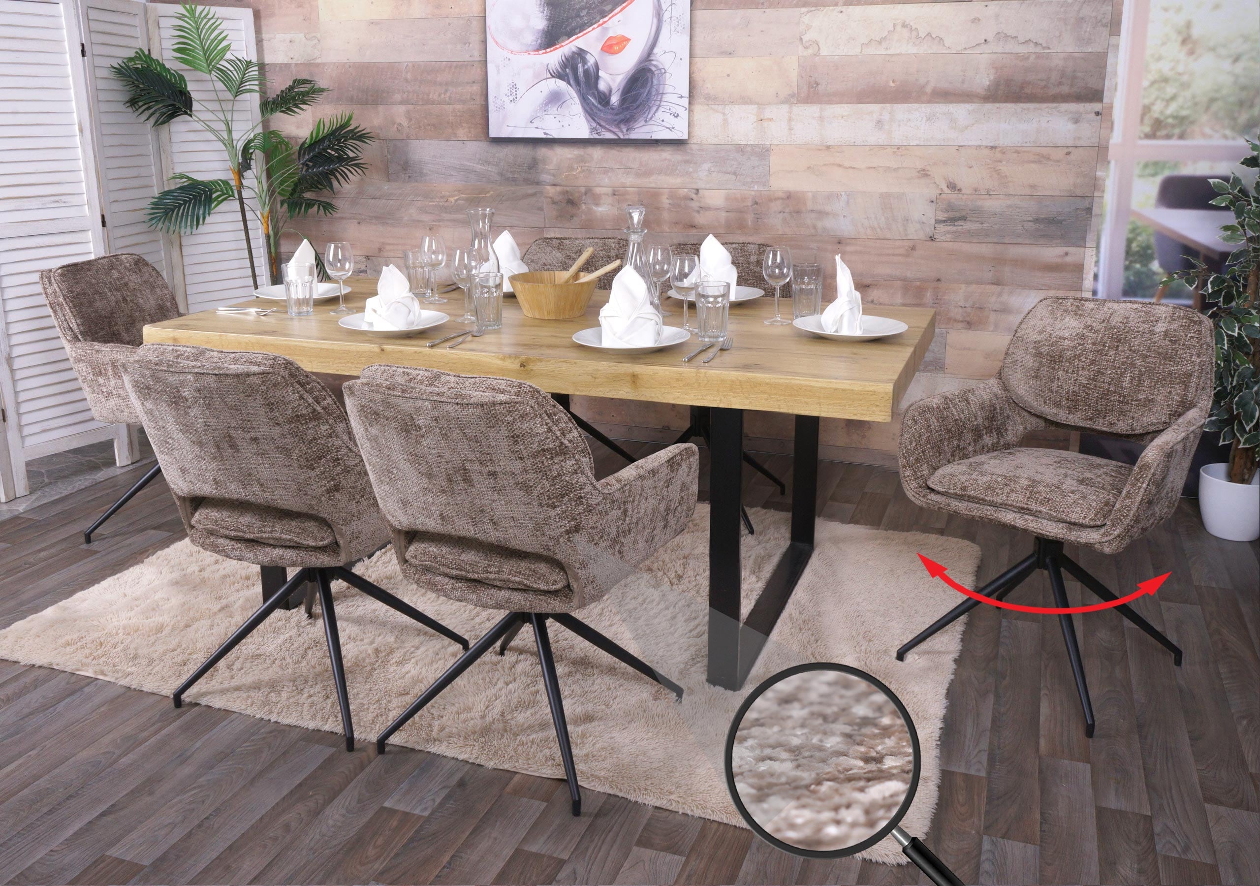 6er-Set Esszimmerstuhl MCW-N74, K&uuml;chenstuhl, drehbar Auto-Return, Stoff Chenille (490g/m&sup2;) &Ouml;ko-Tex ~ braun 