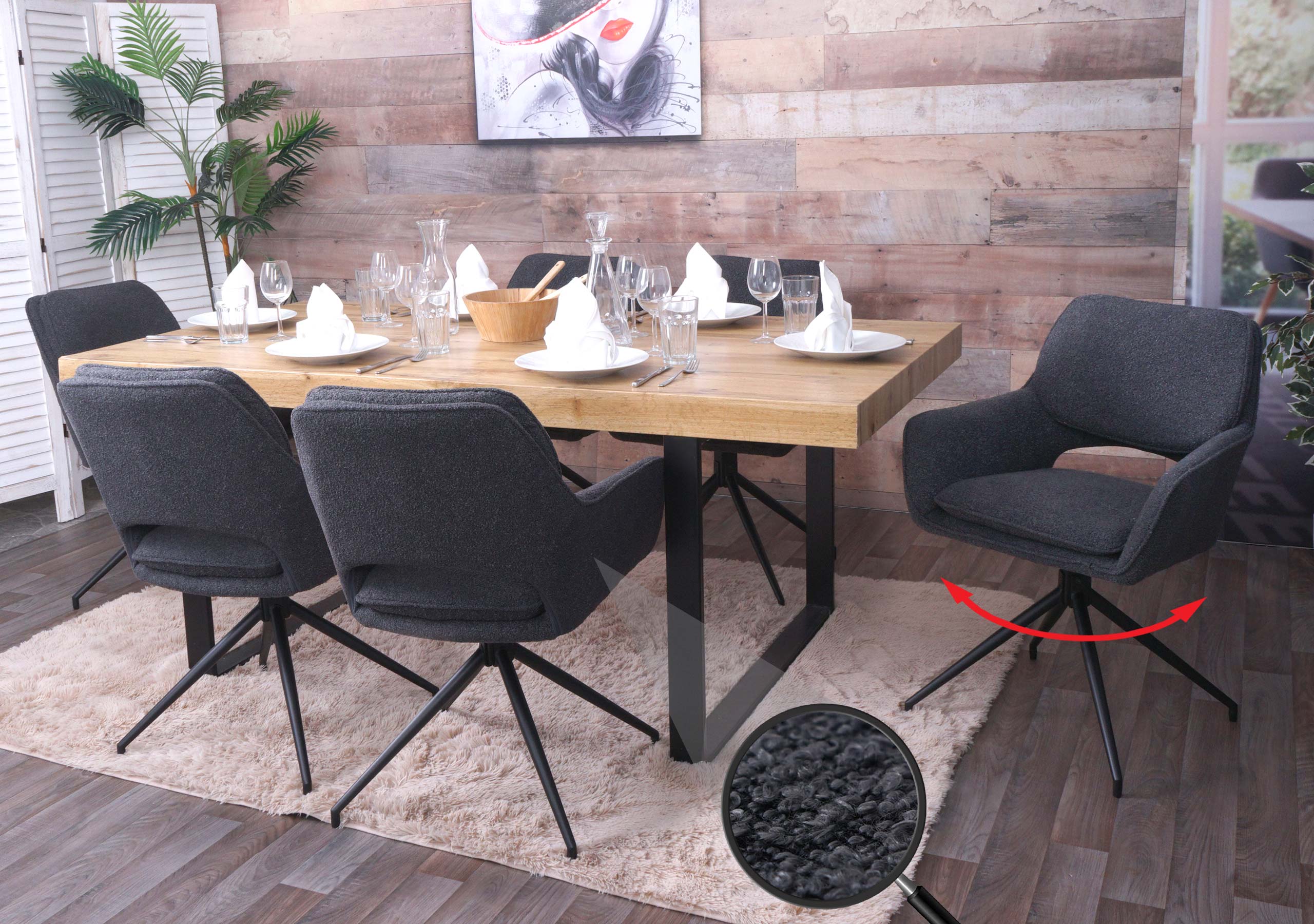 6er-Set Esszimmerstuhl MCW-N74, K&uuml;chenstuhl, drehbar Auto-Return, Stoff Boucl&eacute; (540g/m&sup2;) &Ouml;ko-Tex ~ dunkelgrau 