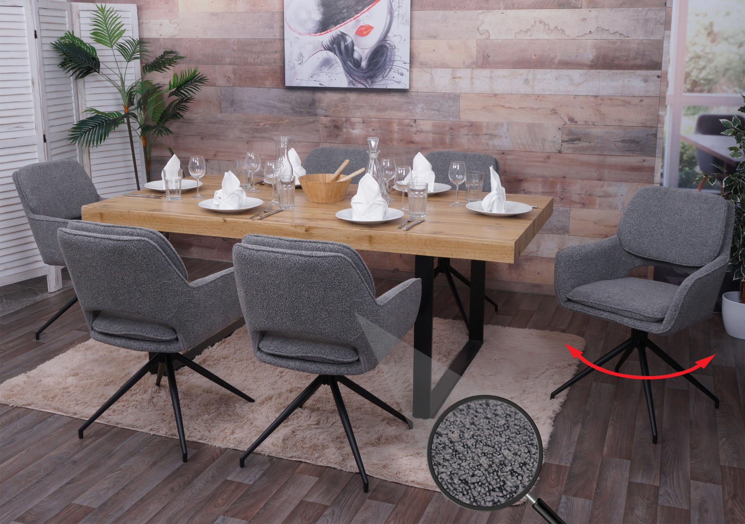 6er-Set Esszimmerstuhl MCW-N74, K&uuml;chenstuhl, drehbar Auto-Return, Stoff Boucl&eacute; (540g/m&sup2;) &Ouml;ko-Tex ~ grau 