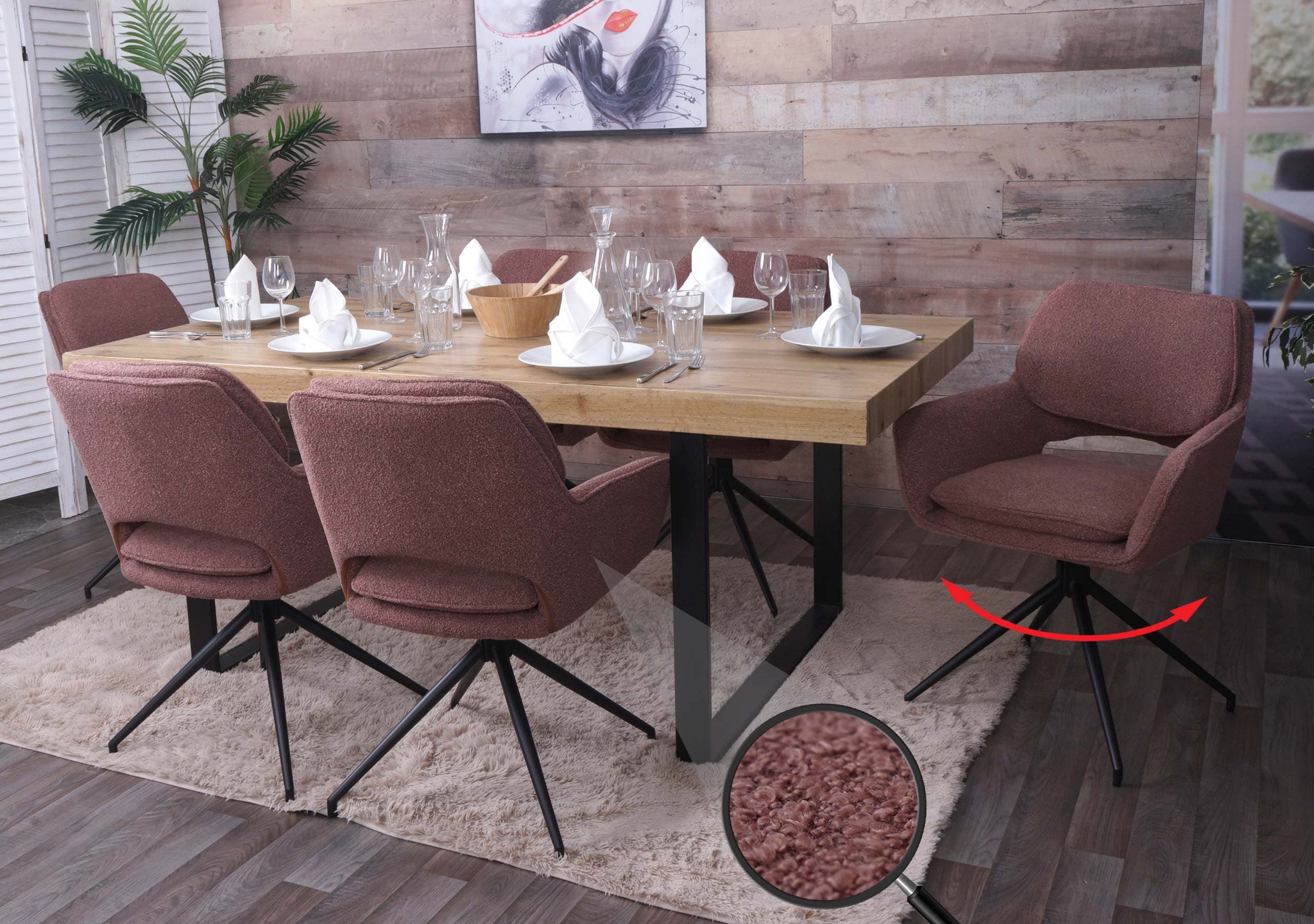 6er-Set Esszimmerstuhl MCW-N74, K&uuml;chenstuhl, drehbar Auto-Return, Stoff Boucl&eacute; (540g/m&sup2;) &Ouml;ko-Tex ~ hellbraun 