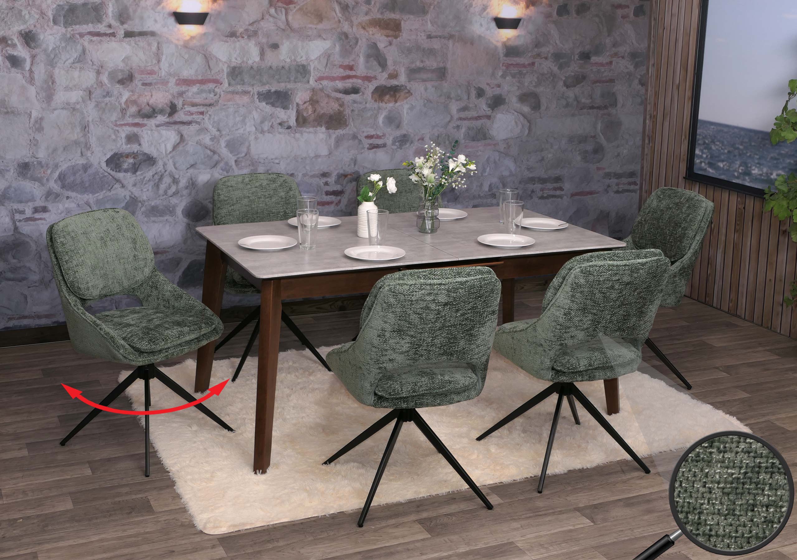 6er-Set Esszimmerstuhl MCW-N73, K&uuml;chenstuhl, drehbar Auto-Return, Stoff/Textil Chenille (490g/m&sup2;) &Ouml;ko-Tex ~ gr&uuml;n 