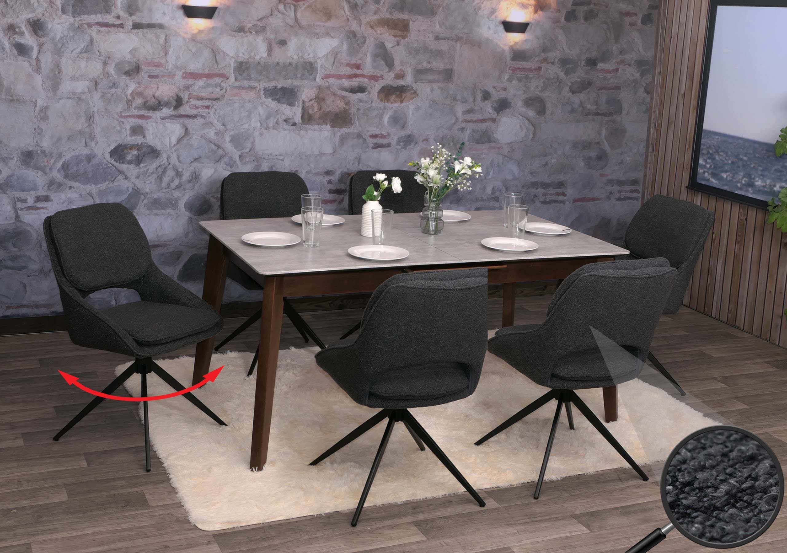 6er-Set Esszimmerstuhl MCW-N73, K&uuml;chenstuhl, drehbar Auto-Return, Stoff/Textil Boucle (540g/m&sup2;) &Ouml;ko-Tex ~ dunkelgrau 