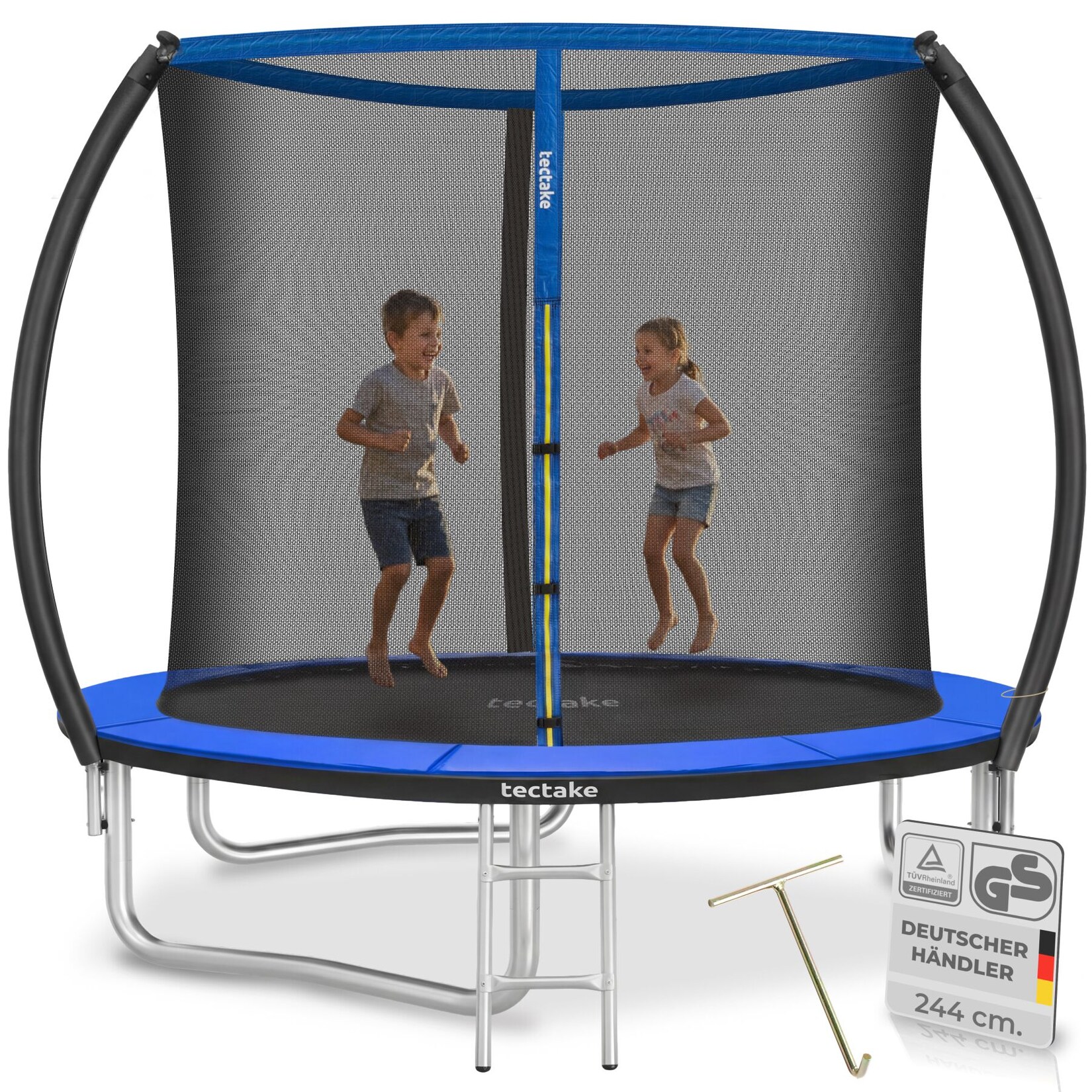 tectake® Trampolin, Ø 244 cm, GS-zertifiziert, Randabdeckung, inklusive Einstiegsleiter