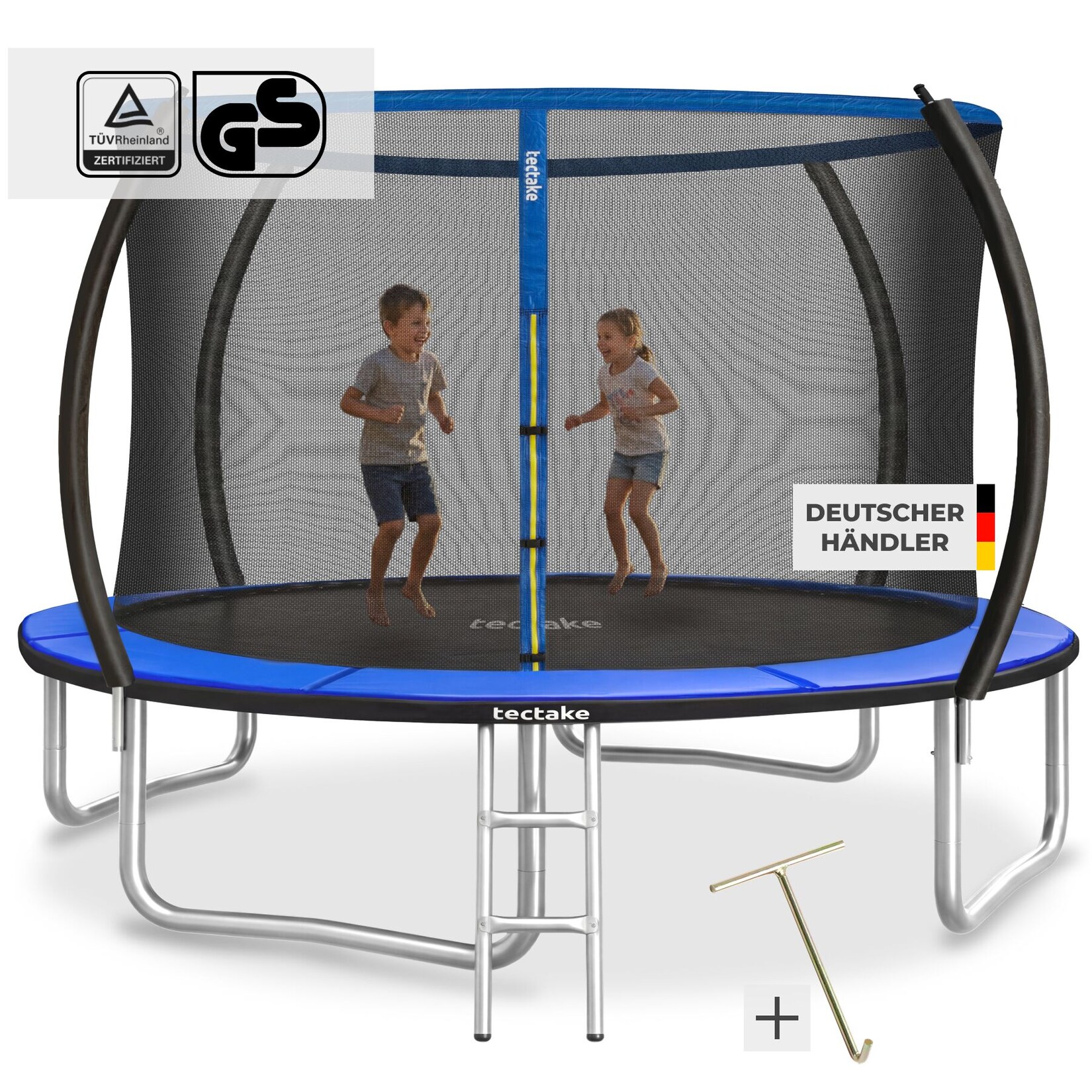 tectake® Trampolin, Ø 305 cm, GS-zertifiziert, Randabdeckung, inklusive Einstiegsleiter
