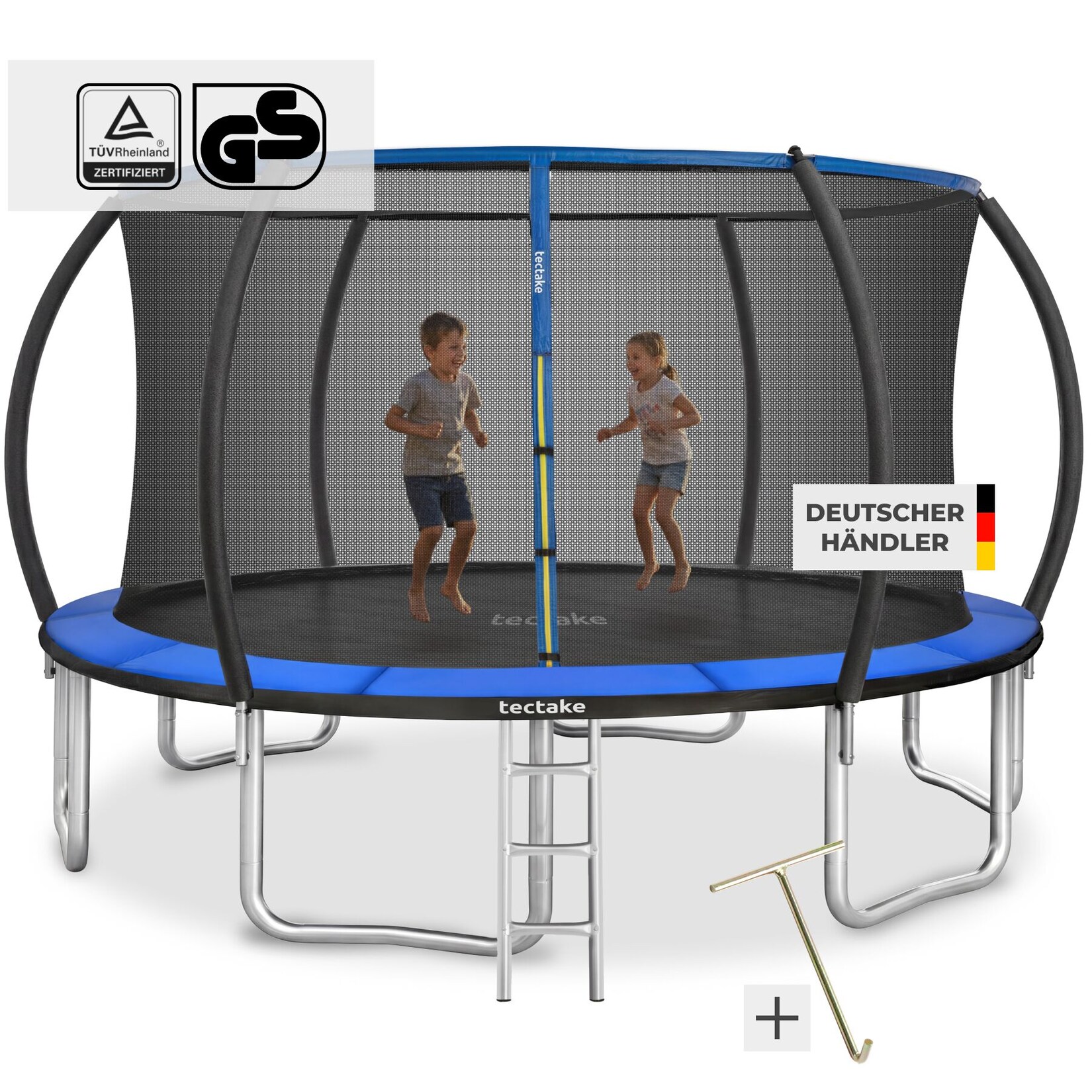 tectake® Trampolin, Ø 366 cm, GS-zertifiziert, Randabdeckung, inklusive Einstiegsleiter