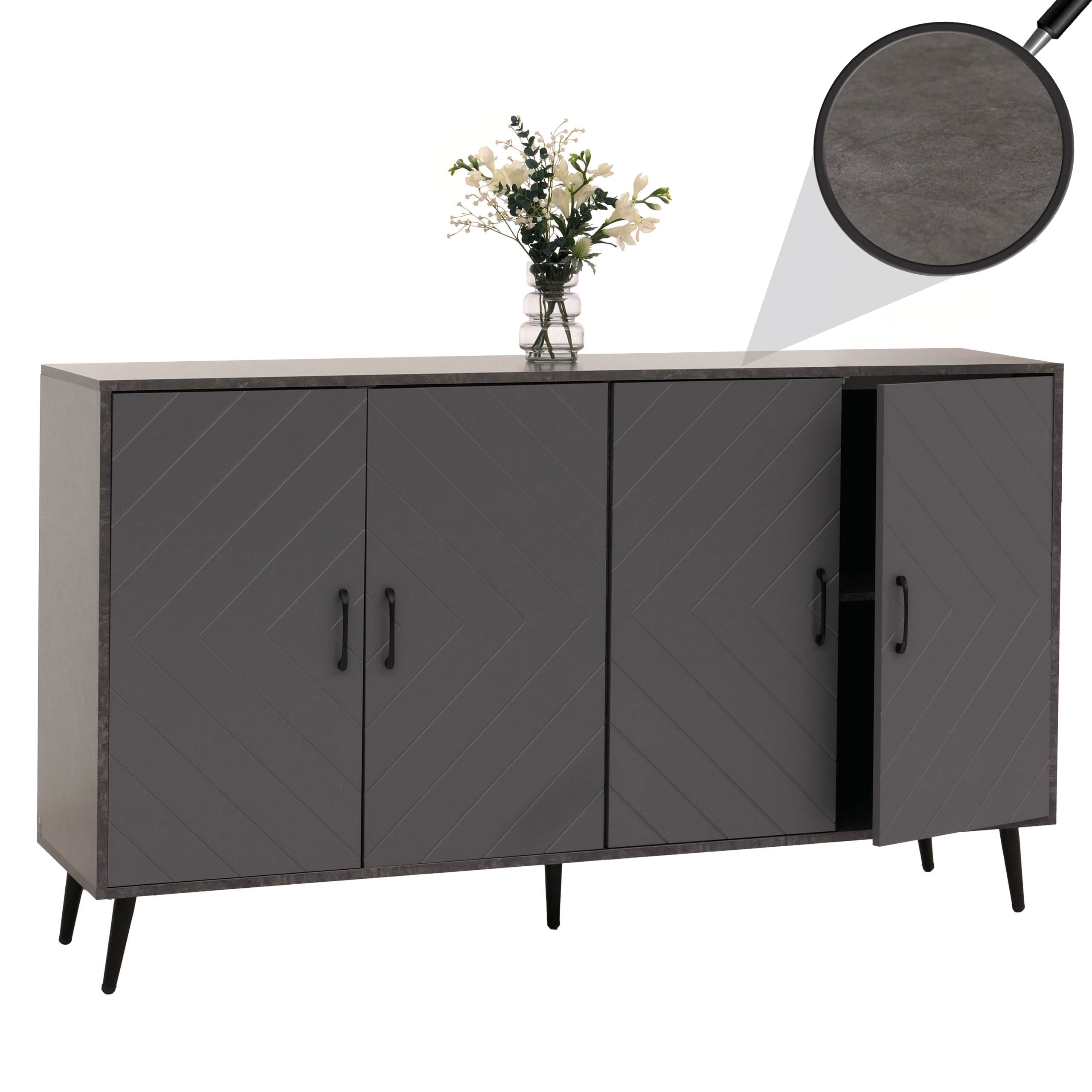 Sideboard MCW-N89, Kommode Schrank Highboard Anrichte, Fischgr&auml;tenmuster Melamin Holz, 88x150x40cm ~ Marmor-Optik grau 