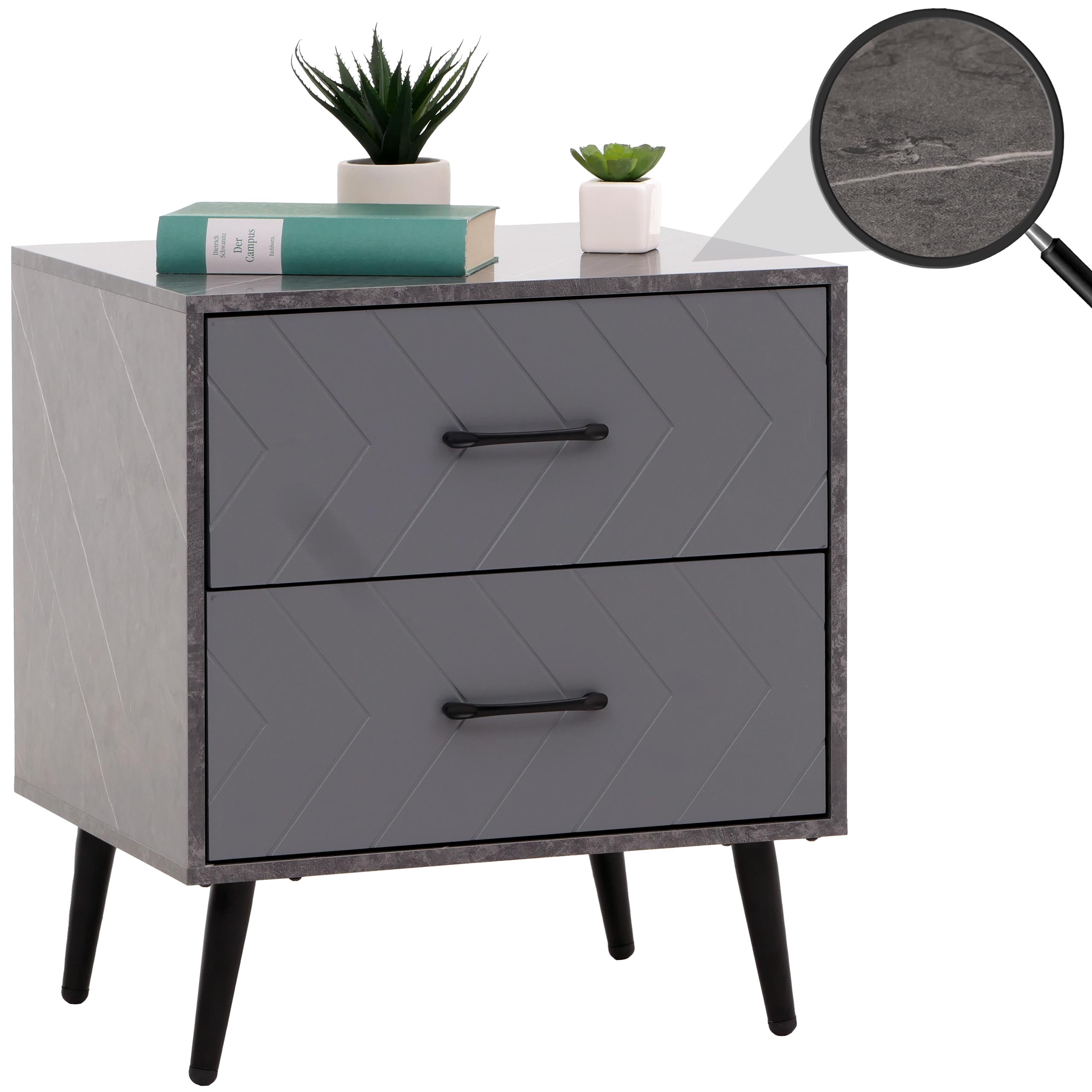 Nachttisch MCW-N89, Beistelltisch Nachtschrank, Schublade Fischgr&auml;tenmuster Melamin Holz, 55x48x40cm ~ Marmor-Optik grau 