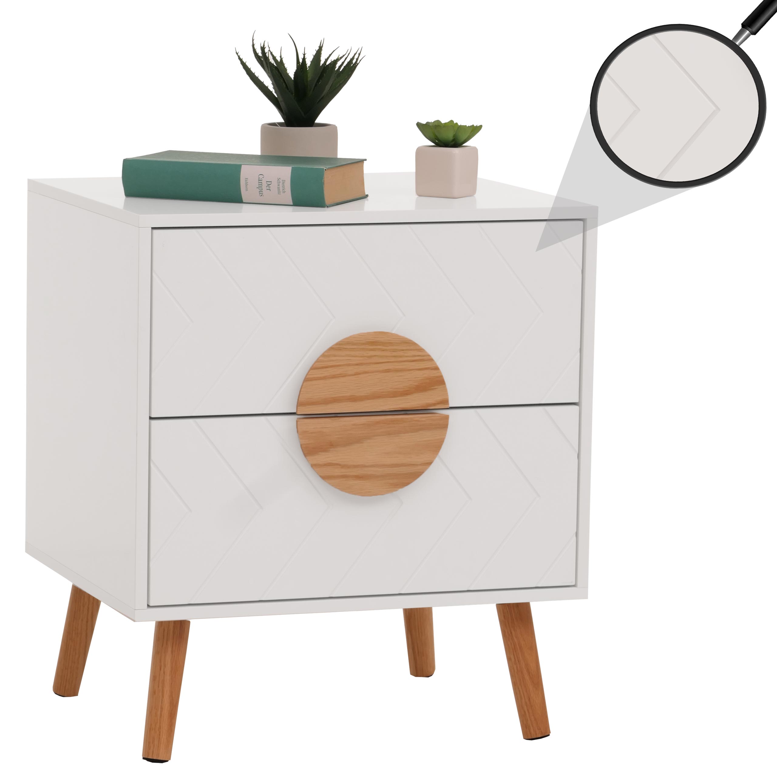 Nachttisch MCW-N89, Kommode Beistelltisch Nachtschrank, Schublade Fischgr&auml;tenmuster Melamin Holz, 55x48x40cm ~ wei&szlig; 