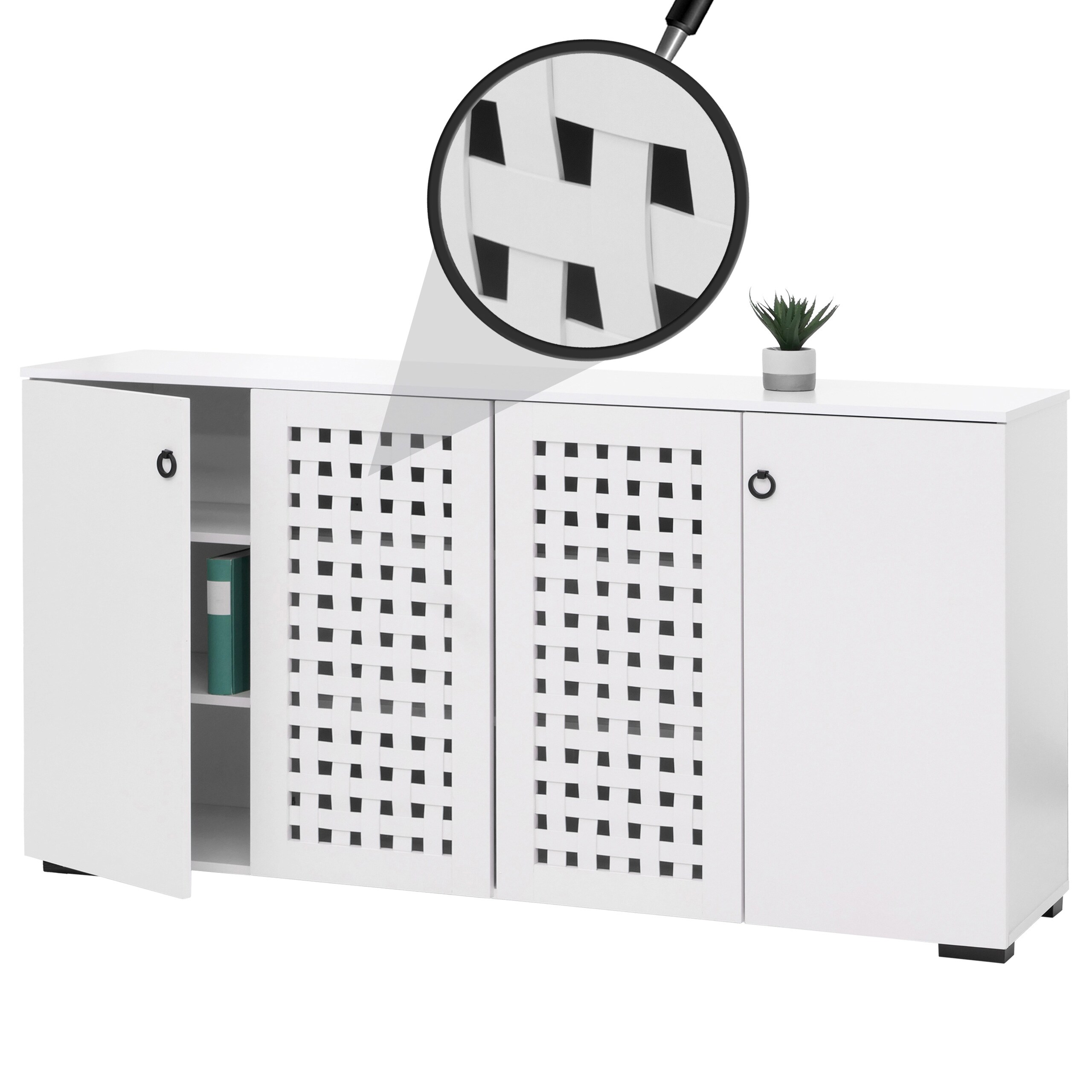 Sideboard MCW-N87, Kommode Schrank Anrichte, 3D-Flecht-Design 4 T&uuml;ren 9 Stauf&auml;cher 83x159x37cm ~ wei&szlig; 