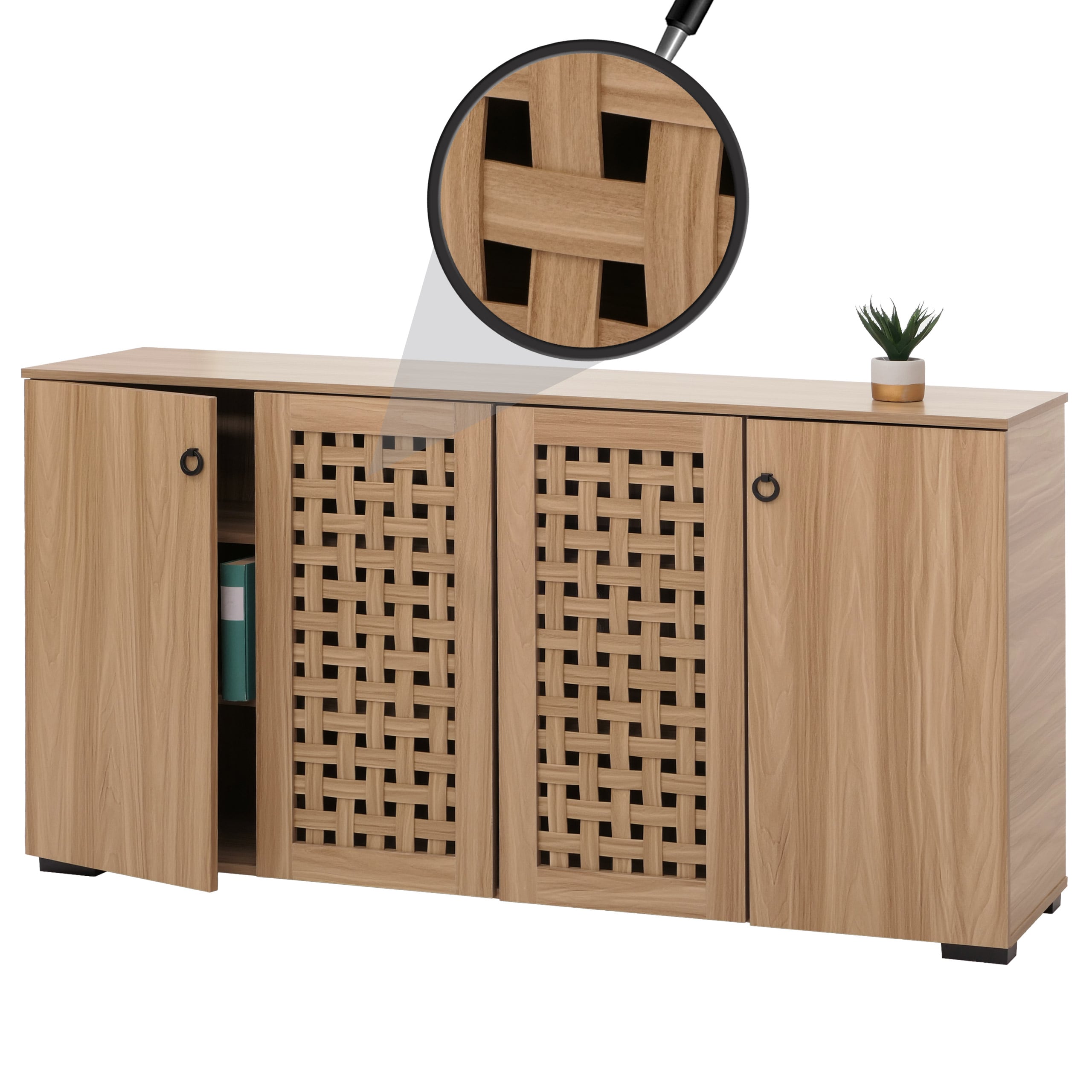 Sideboard MCW-N87, Kommode Schrank Anrichte, 3D-Flecht-Design 4 T&uuml;ren 9 Stauf&auml;cher 83x159x37cm ~ braun 