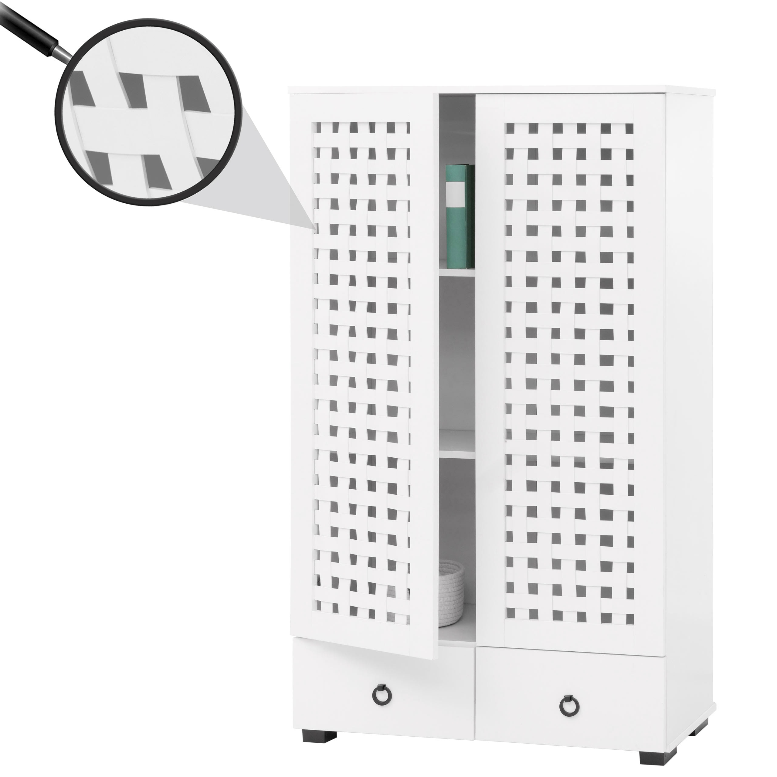 Schrank MCW-N87, Wohnzimmerschrank, 3D-Flecht-Design 2 T&uuml;ren 3 Stauf&auml;cher 2 Schubladen Soft-Close, 138x80x36cm ~ wei&szlig; 