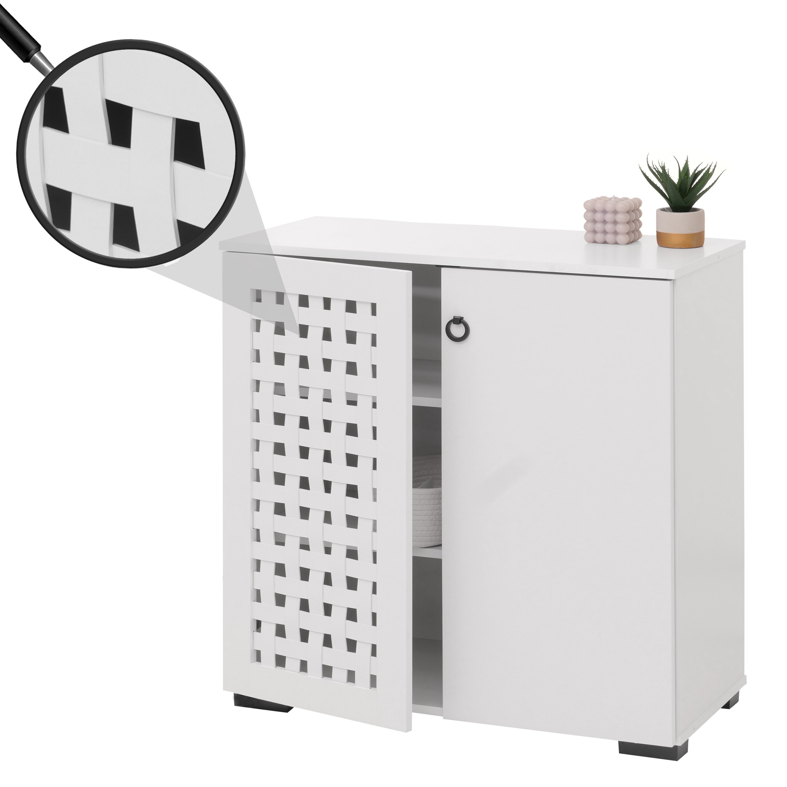 Kommode MCW-N87, Sideboard Schrank Anrichte, 3D-Flecht-Design 2 T&uuml;ren 3 Stauf&auml;cher Soft-Close, 82x80x37cm ~ wei&szlig; 