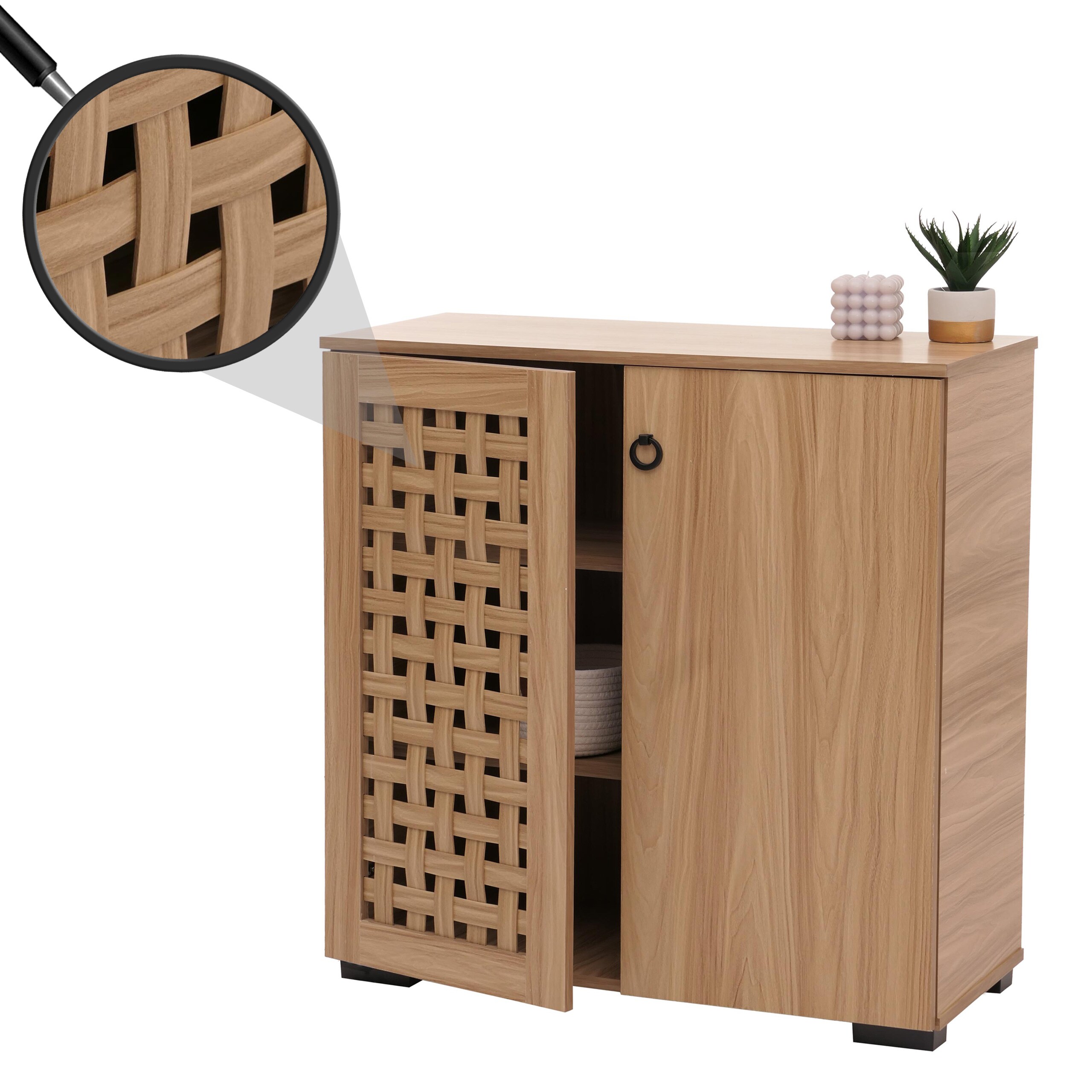 Kommode MCW-N87, Sideboard Schrank Anrichte, 3D-Flecht-Design 2 T&uuml;ren 3 Stauf&auml;cher Soft-Close, 82x80x37cm ~ braun 