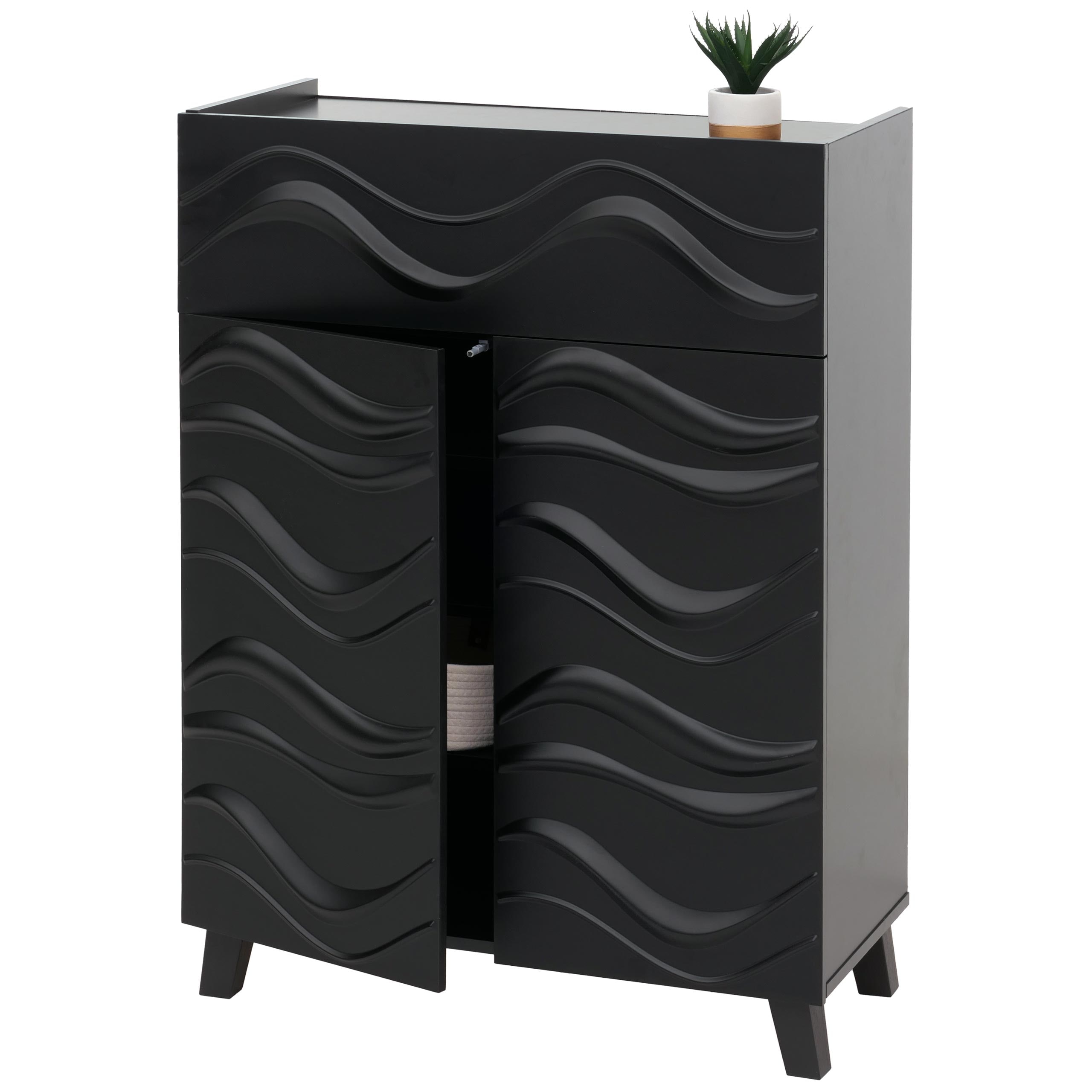 Kommode MCW-N86, Schrank Sideboard Anrichte, 3D-Wellen-Design Push-to-open T&uuml;ren 107x76x36cm ~ schwarz 
