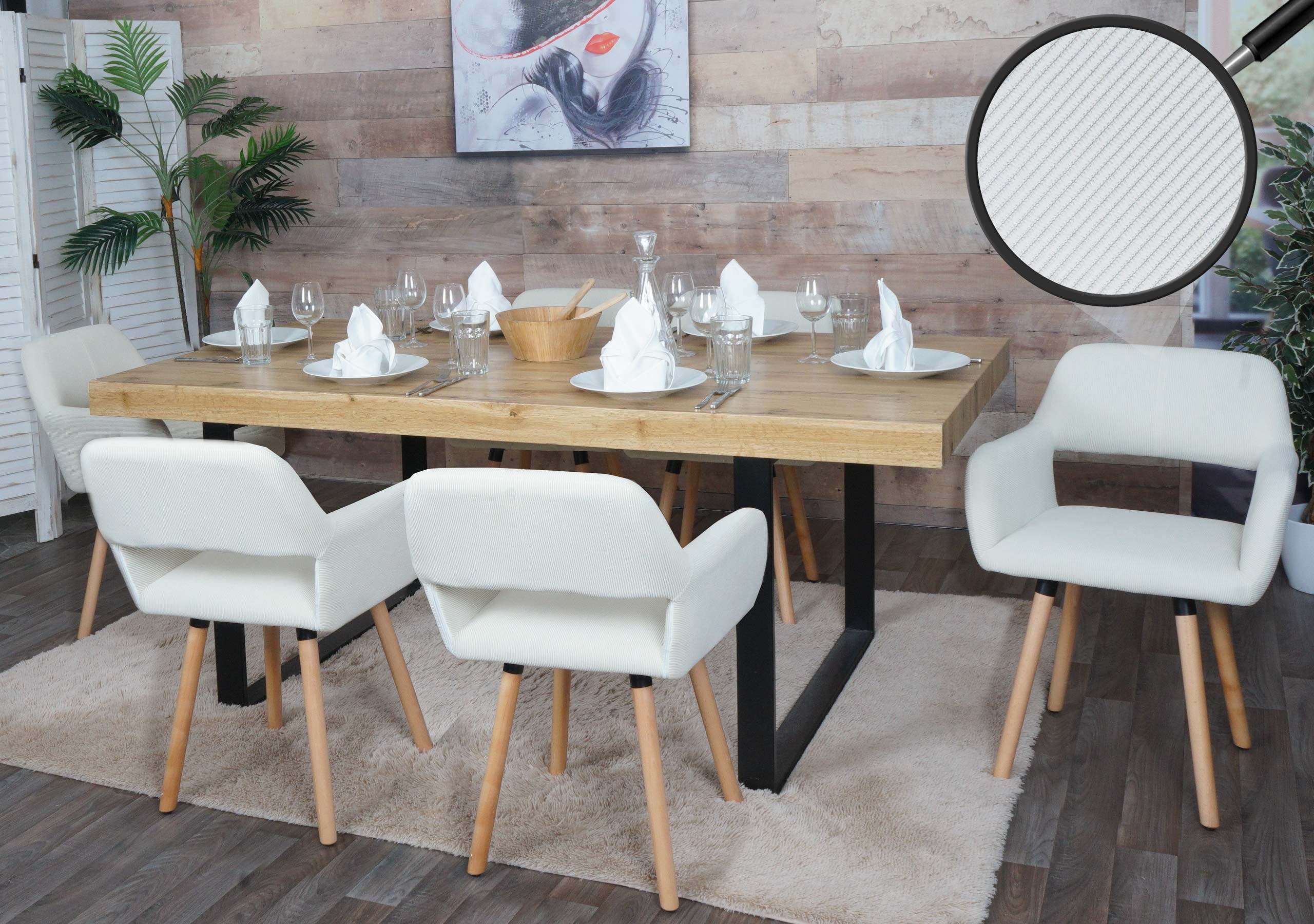 6er-Set Esszimmerstuhl MCW-A50 II, Stuhl K&uuml;chenstuhl Polsterstuhl, Holz Stoff/Textil Cord (400g/m&sup2;) MVG ~ creme-wei&szlig; 