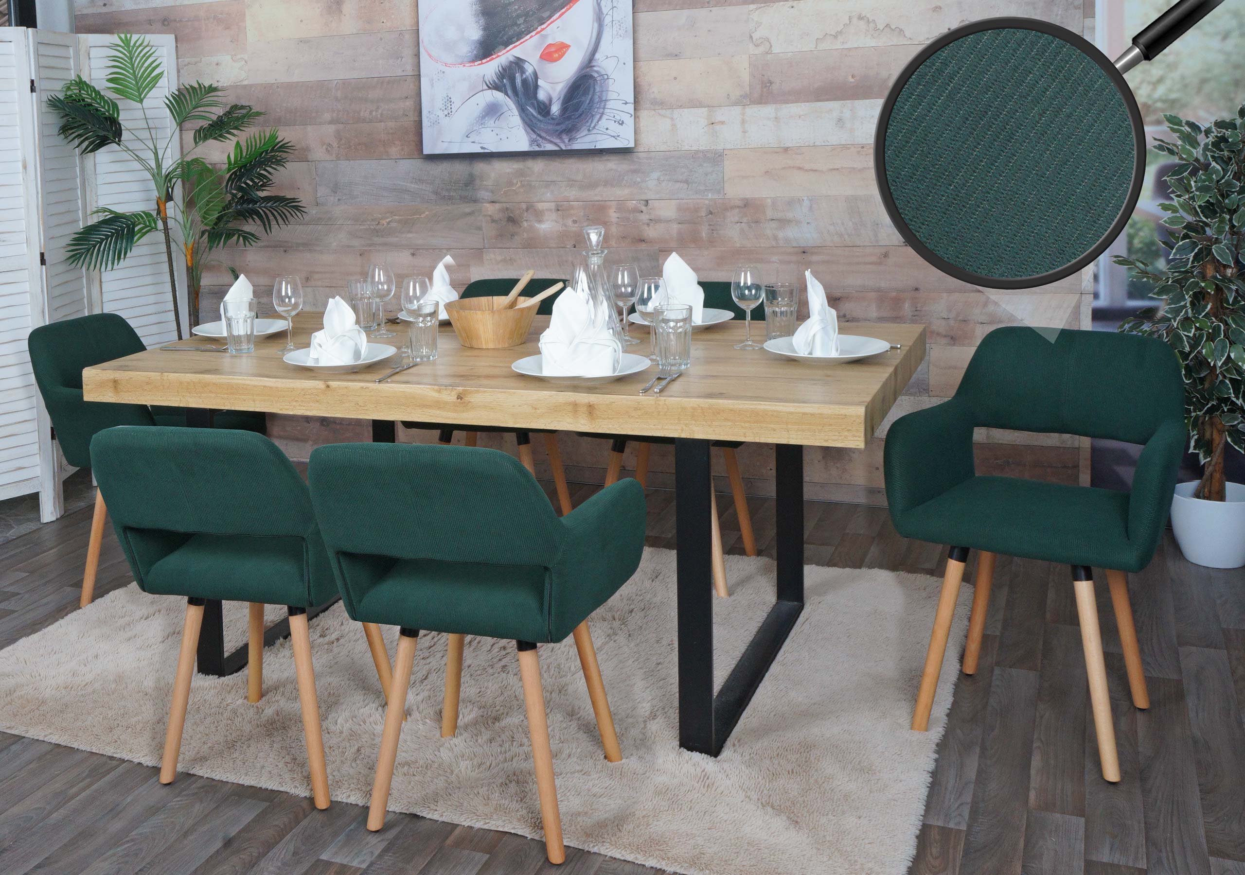 6er-Set Esszimmerstuhl MCW-A50 II, Stuhl K&uuml;chenstuhl Polsterstuhl, Holz Stoff/Textil Cord (400g/m&sup2;) MVG ~ gr&uuml;n 