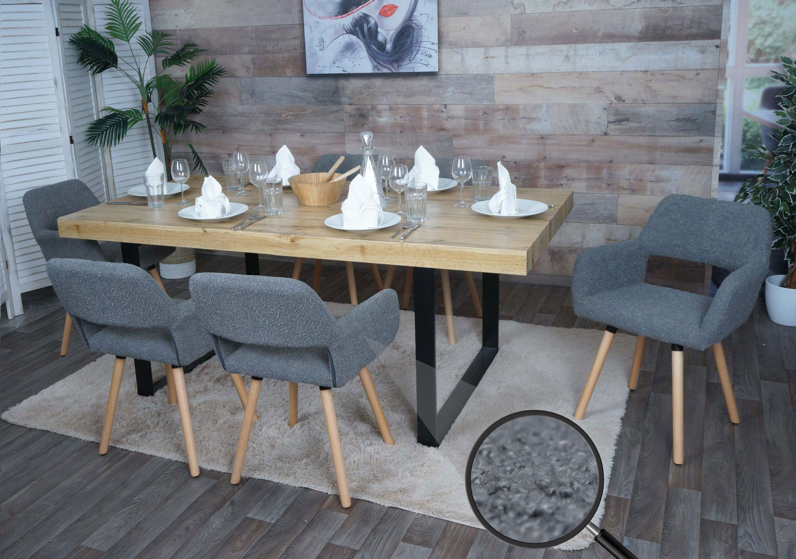 6er-Set Esszimmerstuhl MCW-A50 II, Stuhl K&uuml;chenstuhl Polsterstuhl, Holz Stoff/Textil Boucl&eacute; (450g/m&sup2;) MVG ~ dunkelgrau 