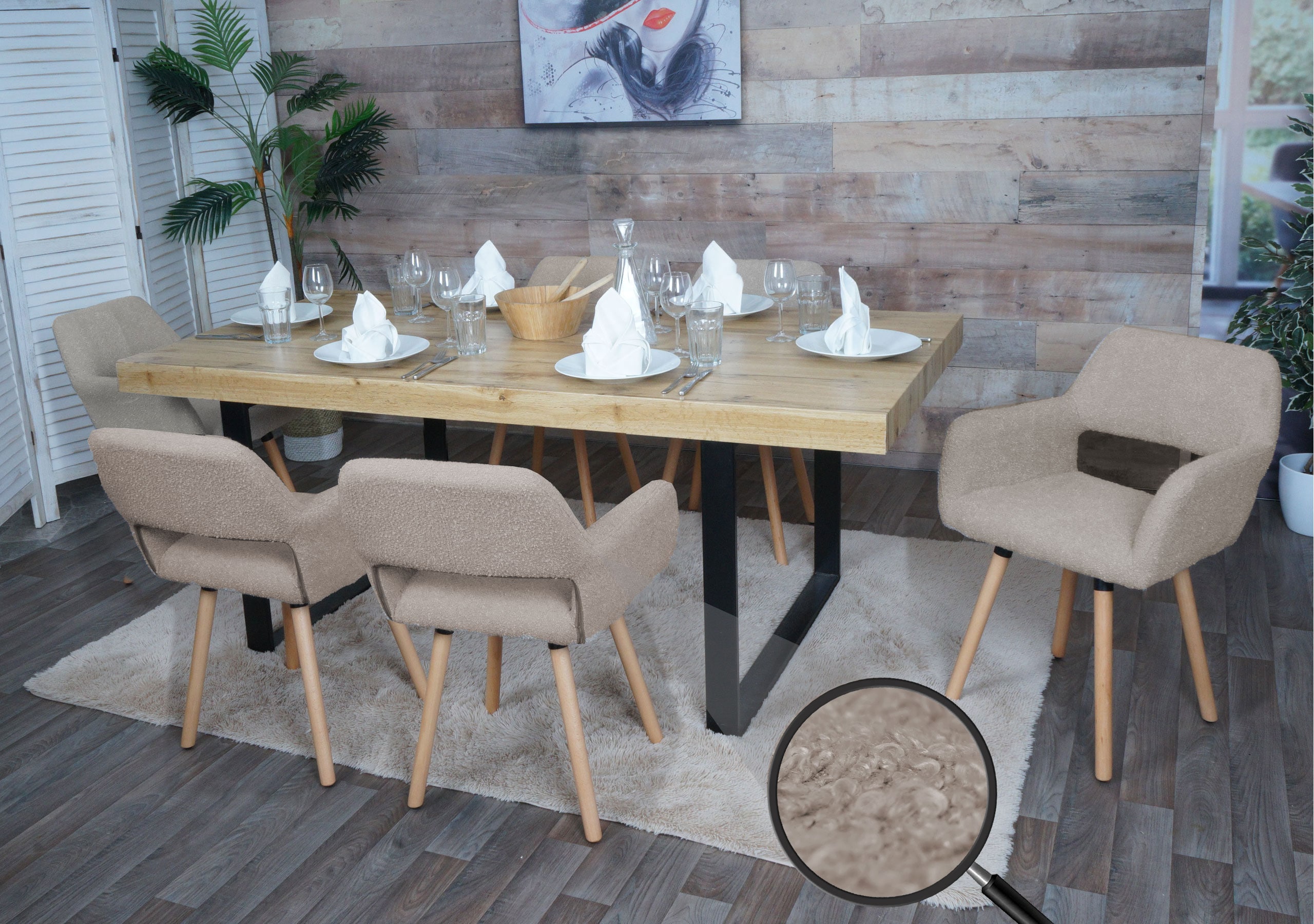 6er-Set Esszimmerstuhl MCW-A50 II, Stuhl K&uuml;chenstuhl Polsterstuhl, Holz Stoff/Textil Boucl&eacute; (450g/m&sup2;) MVG ~ taupe 