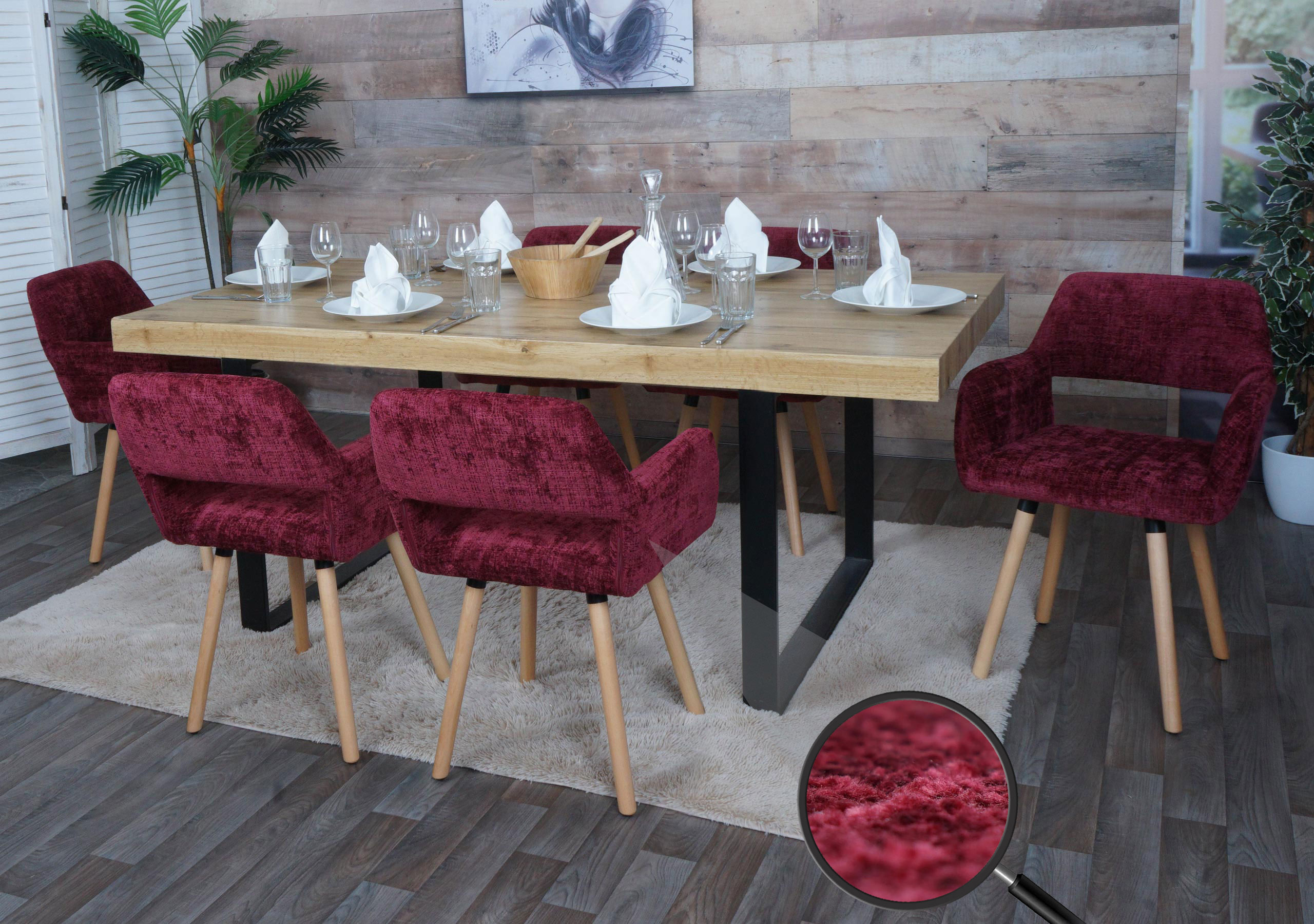 6er-Set Esszimmerstuhl MCW-A50 II, K&uuml;chenstuhl Polsterstuhl, Holz Stoff/Textil Chenille (465g/m&sup2;) MVG ~ bordeaux 